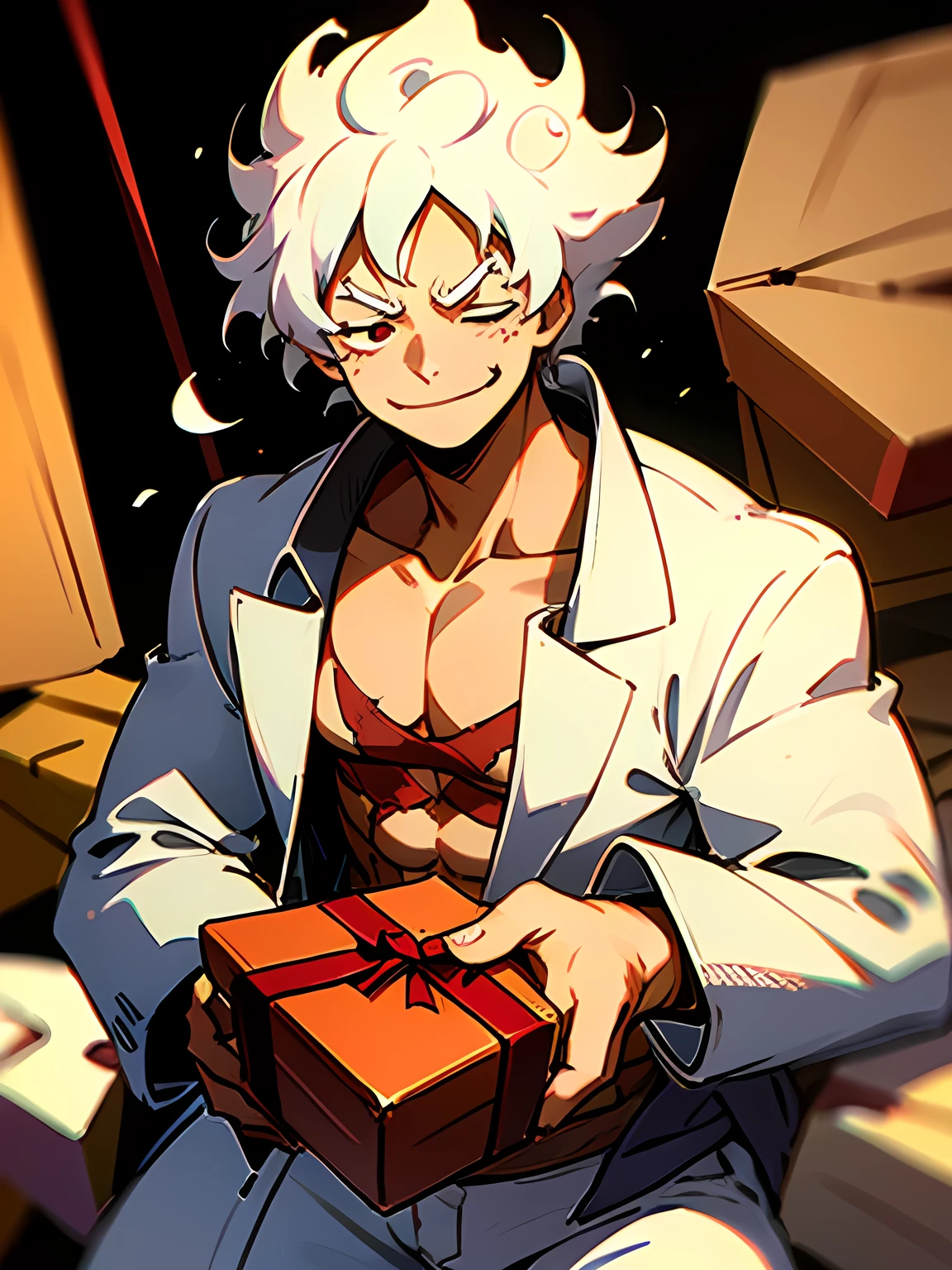 ((christmas gift boxes)),((closed eyes smile)),wanostyle,gear fifth,monkey d. luffy, 1boy, curly eyebrows,gear fifth,straw hat, white hair, white jacket, white shorts, thick eyebrows,open clothes,hat,jacket,long sleeves,red eyes,sanpaku, scar, scar on chest,A muscular man,Pouting,bakery,Has a fun atmosphere,