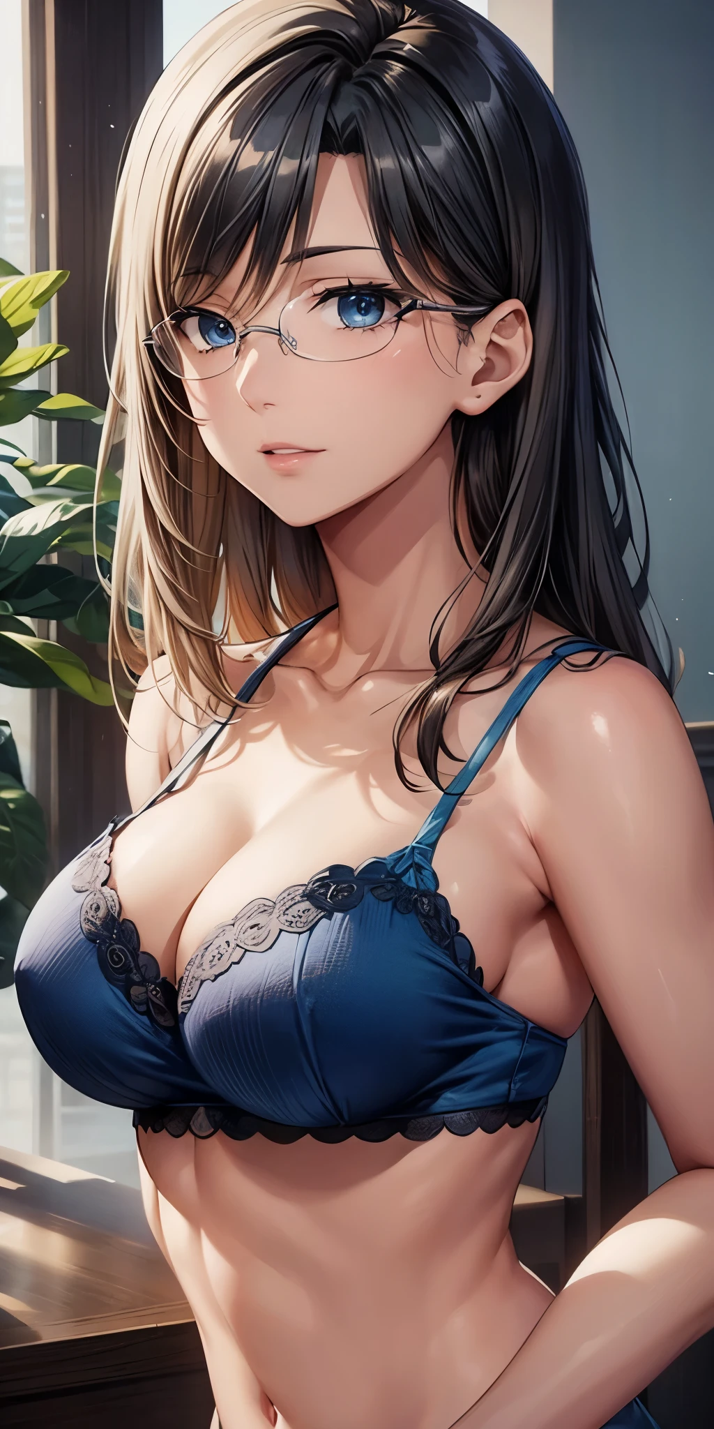 upper body,masterpiece,Portraiture, Realistic, blue eyes, Black Hair, Glasses,Medium Straight Hair,Large Breasts, 4K resolution, High quality CG, Beautiful CG, Soft Light, 