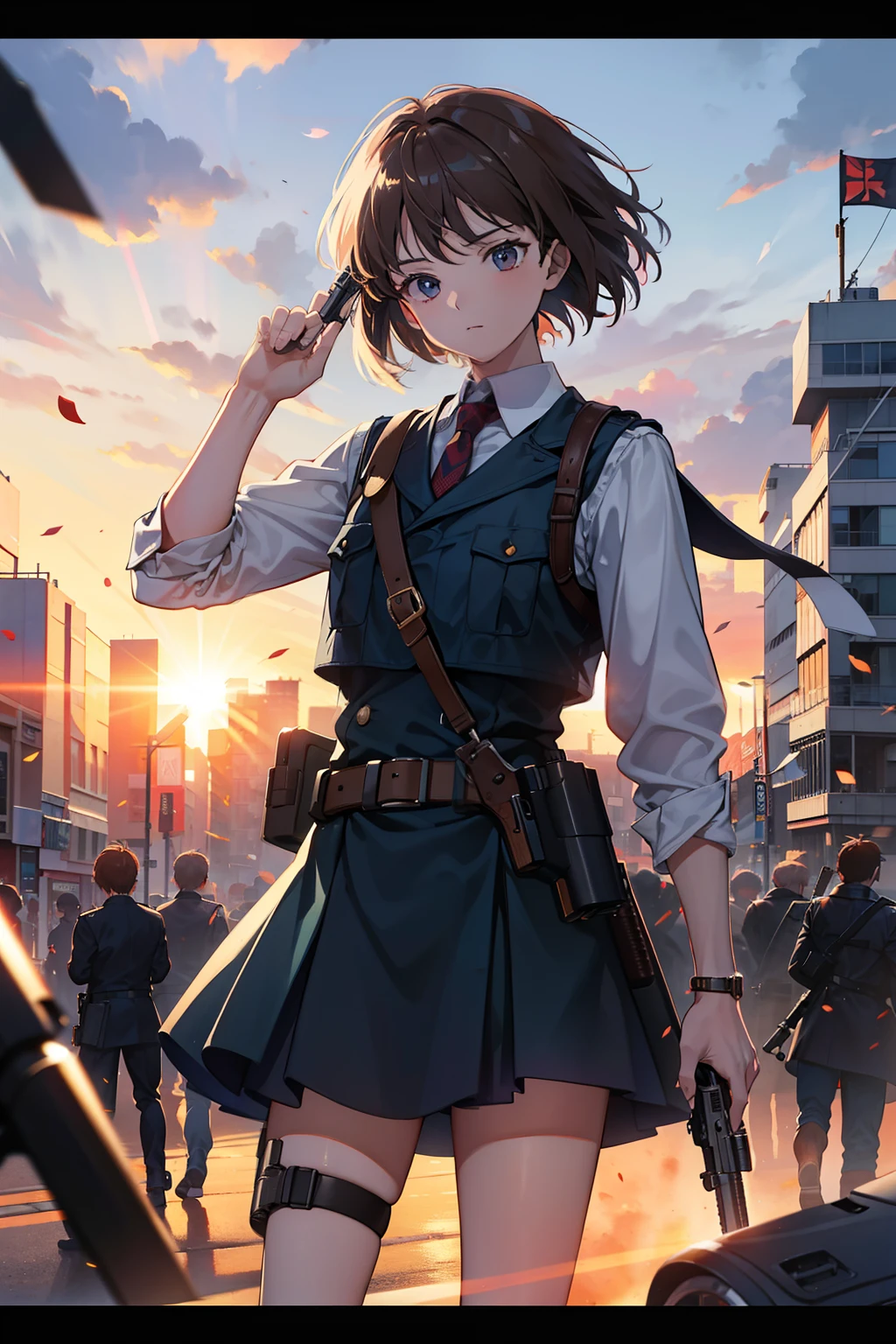may day poster, a man's hand holding a gun in 1990s anime style, the hand and gun take up a larger portion of the frame than the battlefield of war in the background, captured using Sony Alpha with an f/1.8 lens, key lighting, ultra-detailed and ultra-realistic, UHD and 8k resolution, careful avoidance of intricate image details to maintain hand's proper characteristics and clear depiction of five distinct fingers.