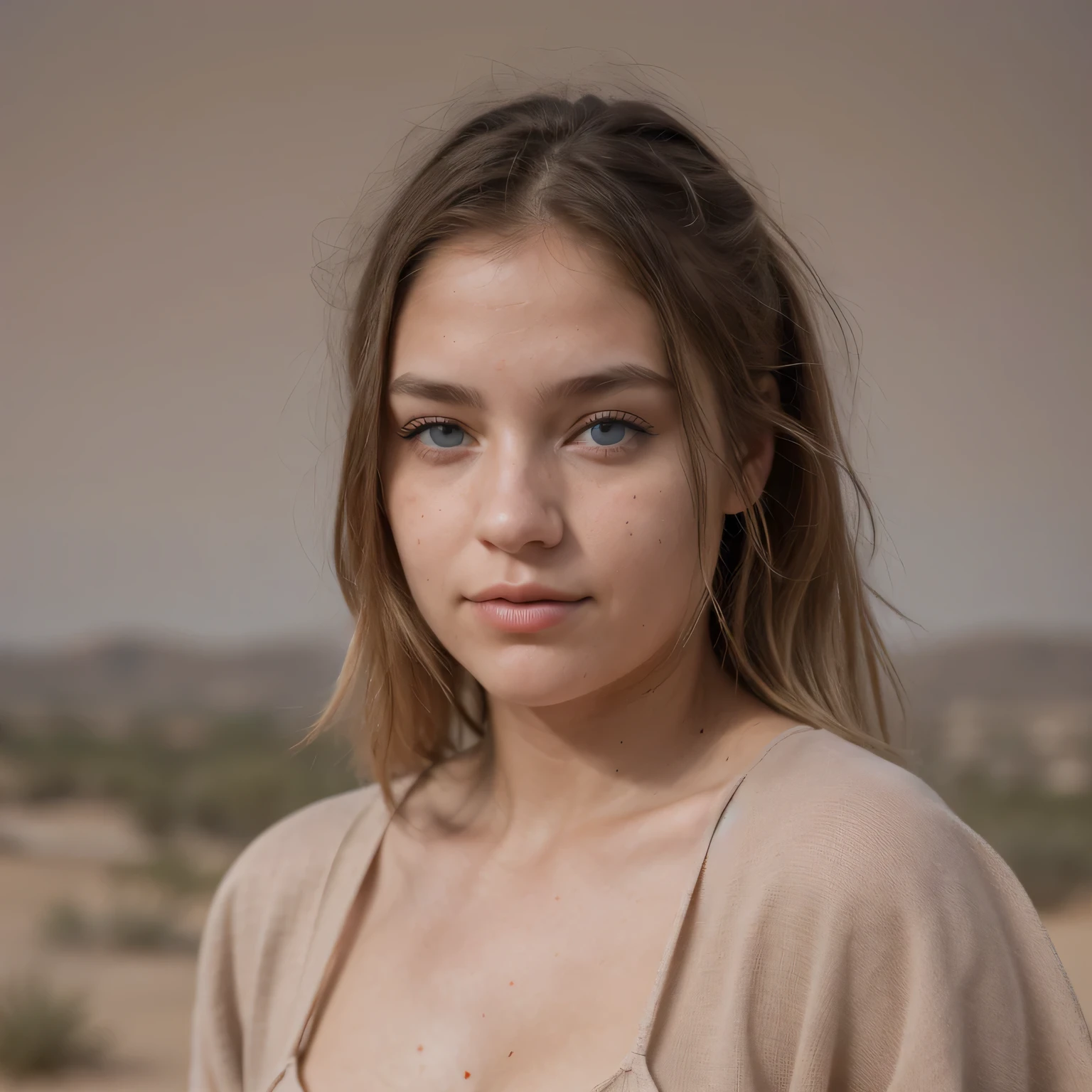 photo of a college student, in Desert Color Coarse Linen Pink,Desert Color Coarse Linen, (freckles:0.8) cute face, sci-fi, dystopian, detailed eyes, Heterochromia eyes（（Side view））