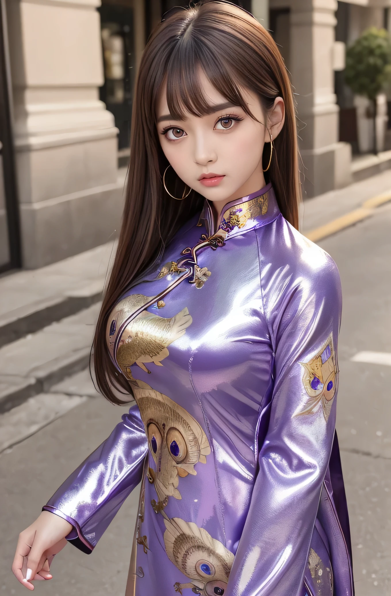 Angelic Very beautiful cute girl,10 yo,
Beautiful detailed eyes,
Detailed double eyelids,
(Large eyes:1.4),
Long straight brown hair,
see-through bangs,
Sharp Focus,small straight nose,
beautiful detailed face and eyes,
drooping eyes,
(Soft Saturation: 1.3), (Fair skin: 1.2),BREAK (Super shiny metallic purple long sleeves cheongsam:1.3),
Walking,
Brown hair,
(peafowl pattern design cheongsam:1.4) , (costume with strong reflective surfaces:1.5),
Costume lighting,
In the street