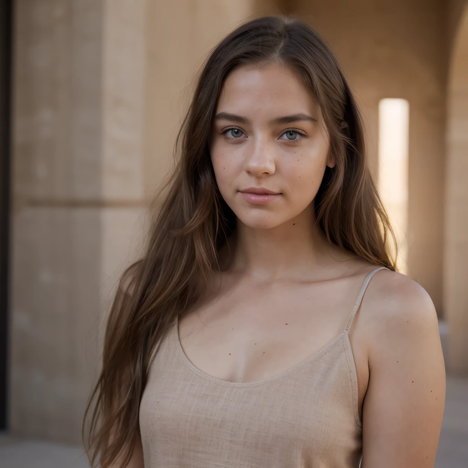 photo of a college student, in Desert Color Coarse Linen Pink,Desert Color Coarse Linen, (freckles:0.8) cute face, sci-fi, dystopian, detailed eyes, Heterochromia eyes((Side view))Long fluttering hair