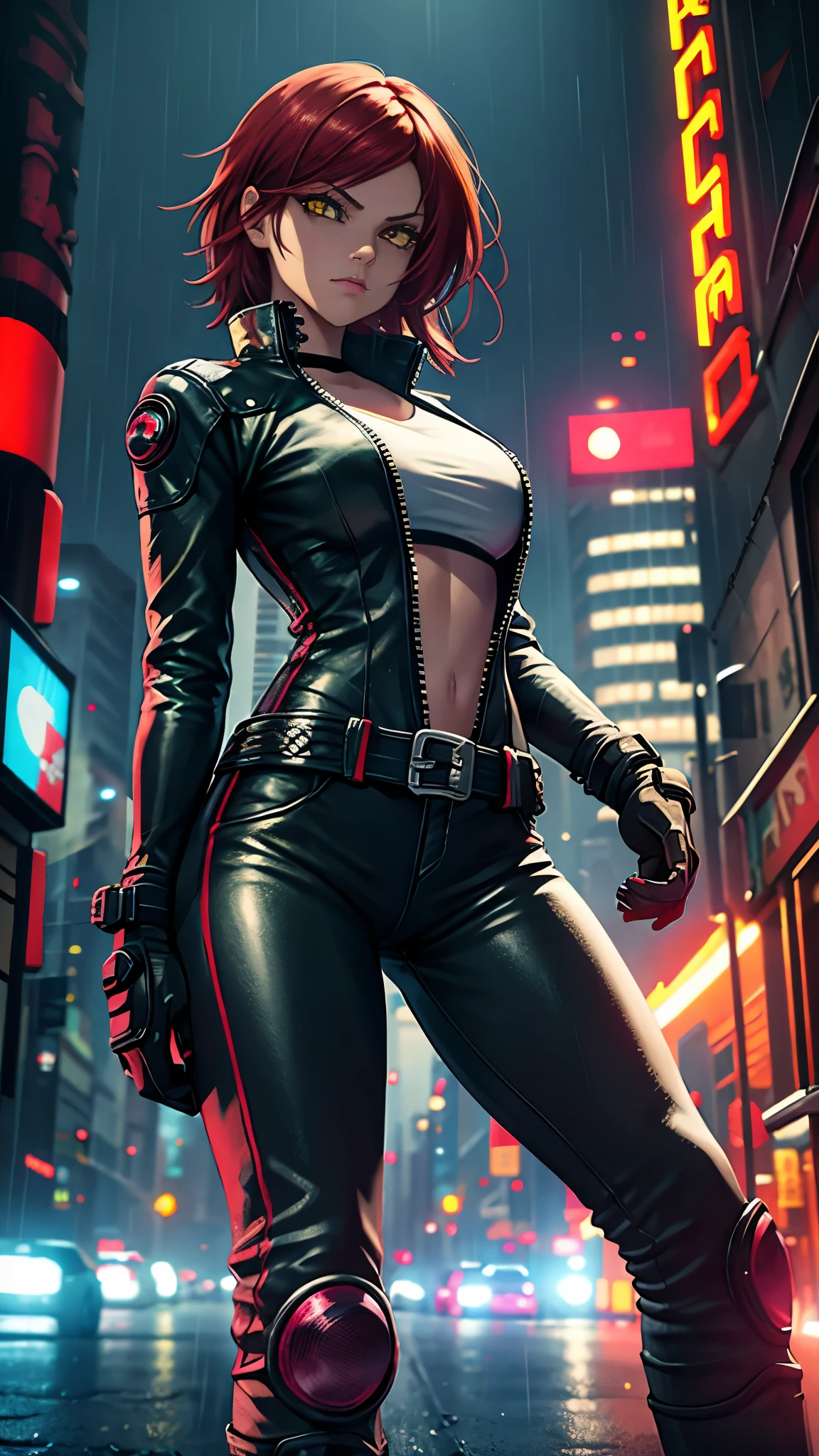 biker Rocker girl, motorcycle, Leather garment, Short hair, yellow glowing eyes, Dark colors, leather waist, ultra detailed face, long eyelashes, skinny, Cyberpunk, Neon lights, Red hair, long boots, tightsuit, Night, the city street, mitts, rain