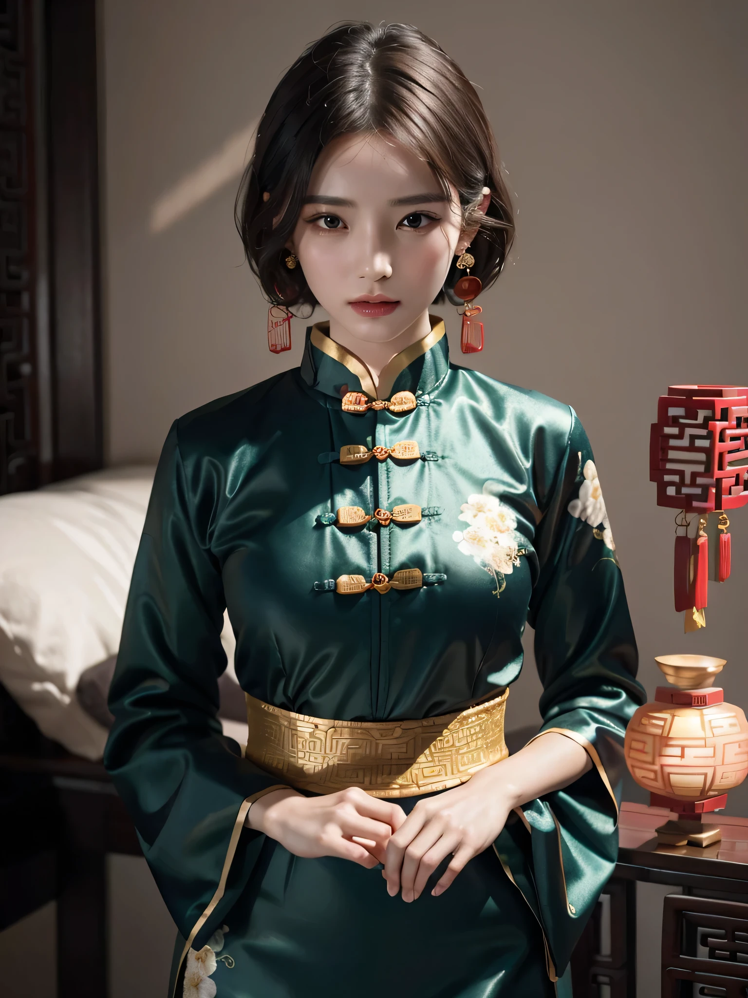 absurdres, RAW photo, extremely delicate and beautiful, masterpiece, Best Quality, ultra high resolution, 32k, hyperrealistic, ultra-detailed, perfect anatomy, perfect figure, super Detailed skin, 20 years old, very Slim body, narrow waist, very small head, very small face, delicate facial features, tearful mole, earring, thin legs, bare legs, ((very huge round breasts)), short medium hair, ((wavy hair)), ((((Chinese Traditional clothes)))),