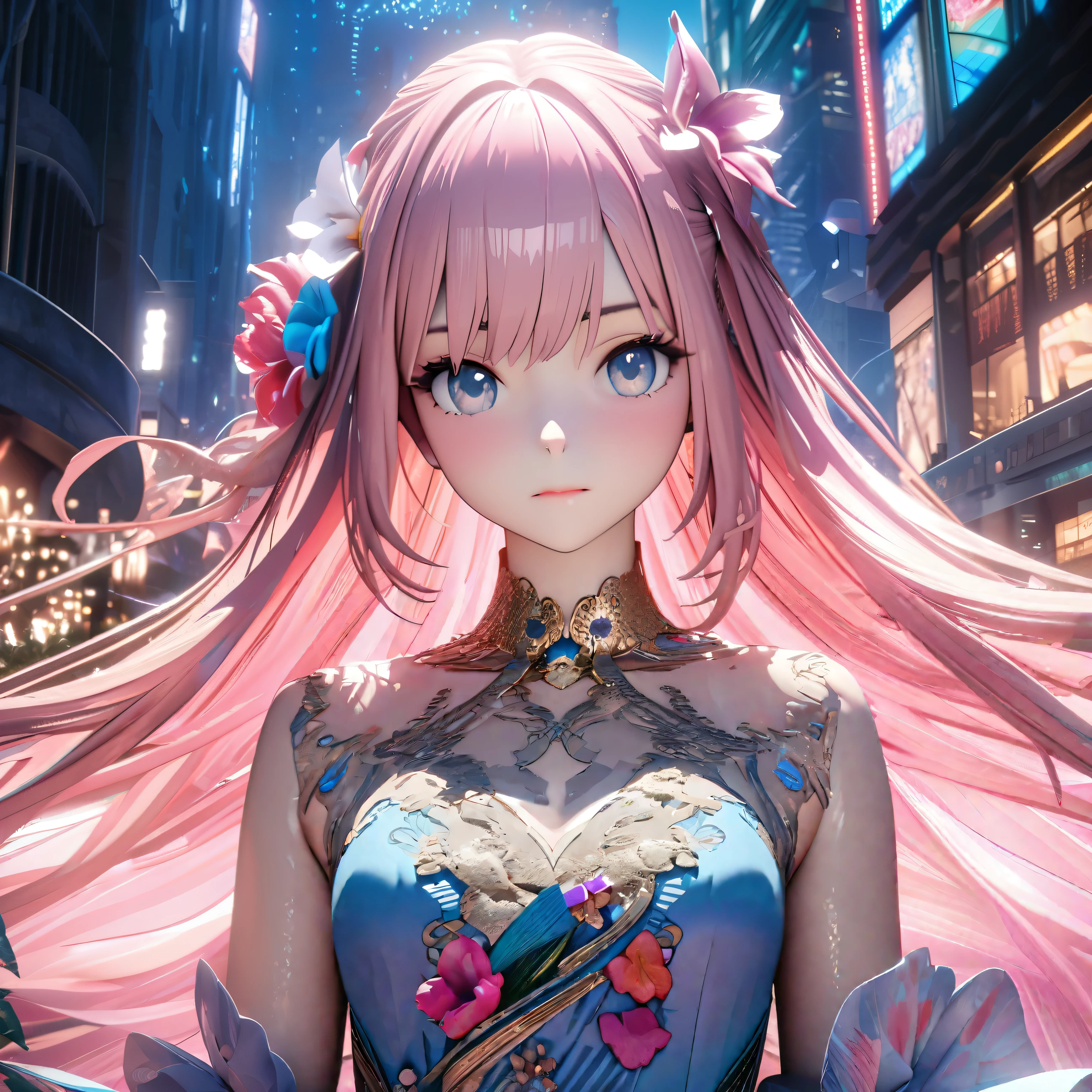 Masterpiece, Best Quality, High Definition, High Resolution, Expensive Resolution, High Definition, 4K, 8k, Unity 8k Wallpaper, High Definition CG, Masterpiece, Real, 2D, 3D, Beautiful Details, Depth, Fine Texture, Super Quality: 1.3 , create an anime-style illustration of a character wearing an elaborate Hawaiian dress decorated with flowers and jewels, with perfect concentration and a bright night beach background. Draw a close-up of the upper body. {{The dress should have multiple layers and a special treatment of ruffles, with gemstones of different colors embedded throughout. }} , The character's pink hair should be long and flowing to complement the intricate design of the dress. The cityscape at night should also be vivid. The streets are lit up in different colors and buzz with lights indicating an active nightlife. Includes light reflections from buildings in the bodies of water in between.