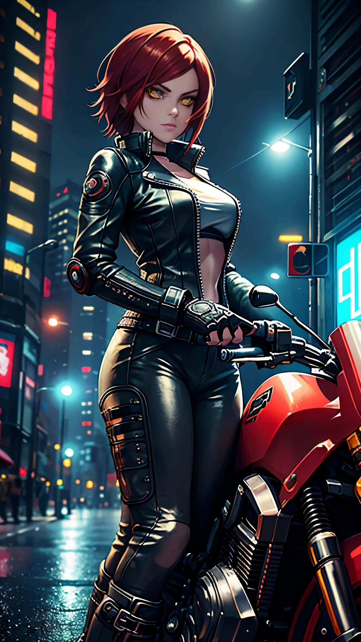 biker Rocker girl, motorcycle, Leather garment, Short hair, yellow glowing eyes, Dark colors, leather waist, ultra detailed face, long eyelashes, skinny, Cyberpunk, Neon lights, Red hair, long boots, tightsuit, Night, the city street, mitts, rain