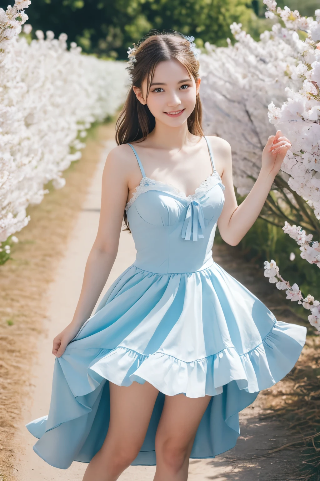 masterpiece, highest quality, 8k, 18-year-old, Photo guy, Absurd, Award-winning portraits, smile, smile, Pure, French, Elegant light blue dress, spring, , Orchard in full bloom, Shoelaces, Famous singer, lingerie