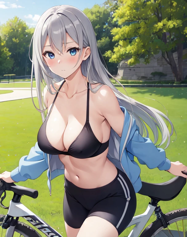 (((masterpiece))), ShizukaMikazuki, One Girl, alone, View your audience, Long Hair, Gray Hair, Long sleeve, Cleavage, Quite large breasts, Close your mouth, clavicle, Mature Body,Abdominal muscles,Blushing,Blouson, Open clothes, open Blouson, blue Blouson,Black sports bra,Black hot pants, Play sports often, Bicycle in the background,blue eyes,natural Park,Shooting from an angle