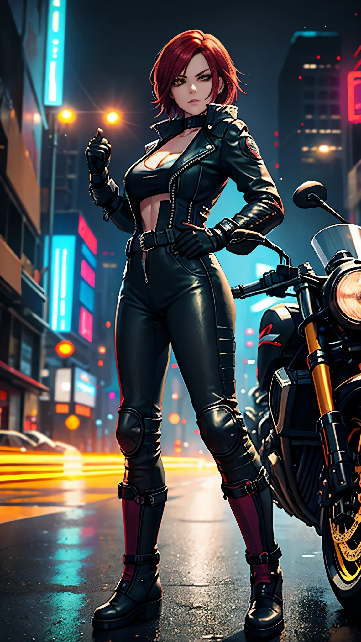 biker Rocker girl, motorcycle, Leather garment, Short hair, yellow glowing eyes, Dark colors, leather waist, ultra detailed face, long eyelashes, skinny, Cyberpunk, Neon lights, Red hair, long boots, tightsuit, Night, the city street, mitts, rain