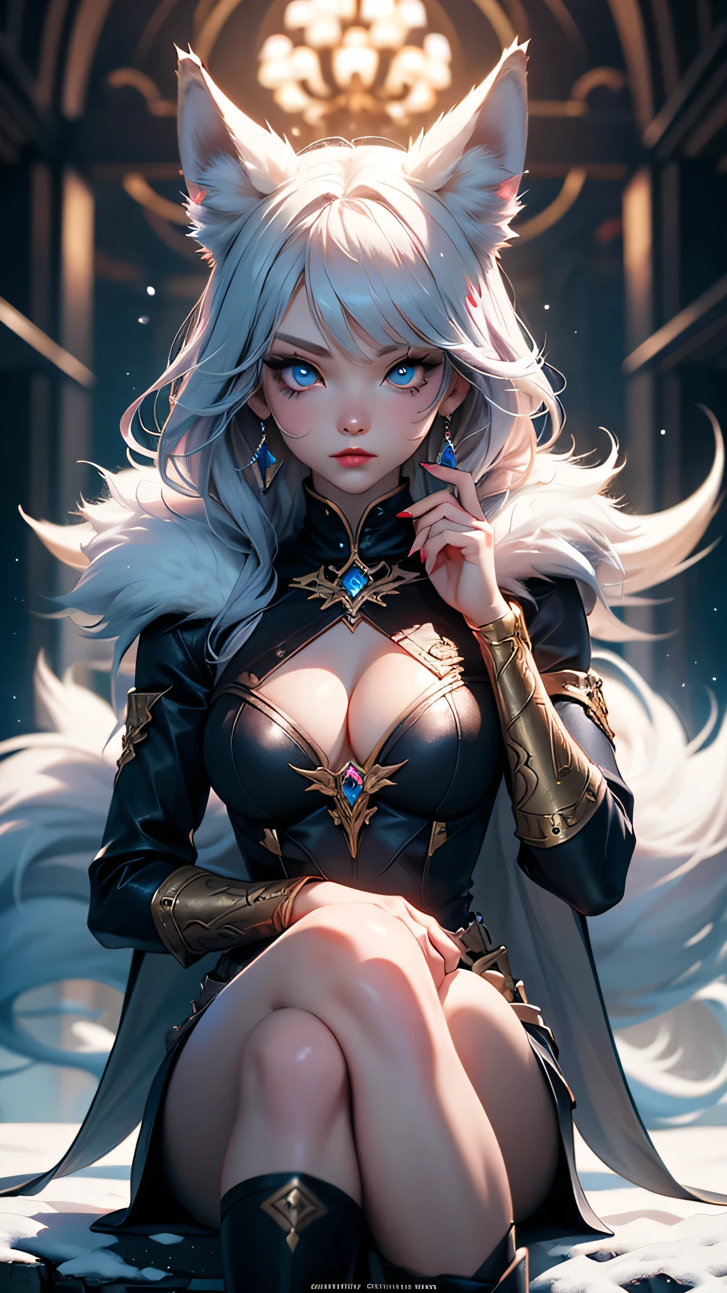 There is a snow cave near it on the stone throne sit a wolf girl, she have beatiful face ligh blue eyes red lips dark blue eye shadows main hair colour is silver with some pink highlights, dressed in sexy golden heavy armr with fur parts, saphire earrings on her wolf ears, and long sharp nails on her hands,(ultra high quality fantasy art, dark fantasy style, masterpiece, ultra highquality character design, 8k quality anime art, top quality wallpaper illustration, detailed ultra high quality acurate face, highquality design and acurate physic )