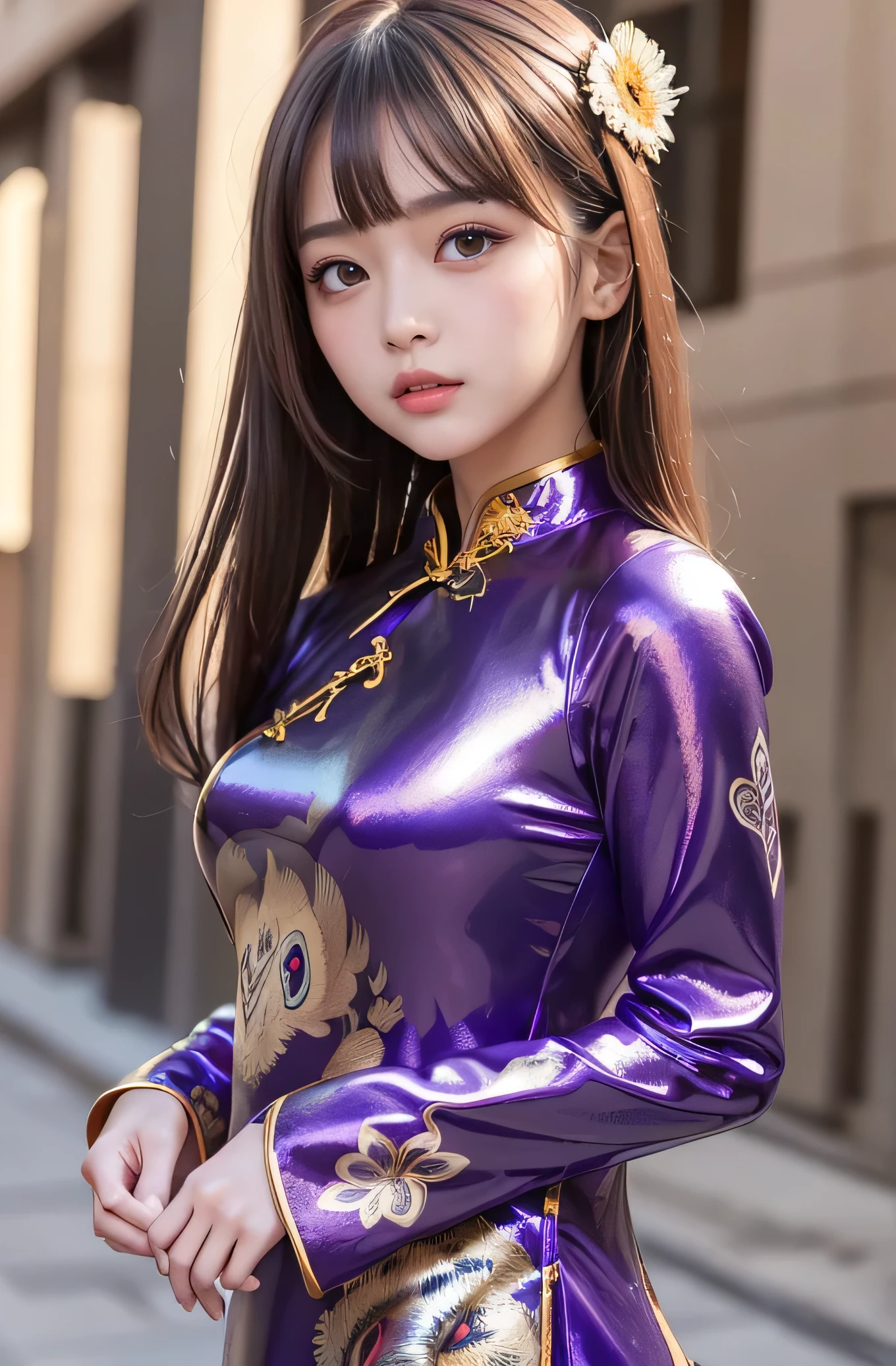 Angelic Very beautiful cute girl,10 yo,
Beautiful detailed eyes,
Detailed double eyelids,
(Large eyes:1.4),
Long straight brown hair,
see-through bangs,
Sharp Focus,small straight nose,
beautiful detailed face and eyes,
drooping eyes,
(Soft Saturation: 1.3), (Fair skin: 1.2),BREAK (Super shiny metallic purple long sleeves cheongsam:1.3),
Walking,
Brown hair,
(peafowl pattern design cheongsam:1.4) , (costume with strong reflective surfaces:1.5),
Costume lighting,
In the street