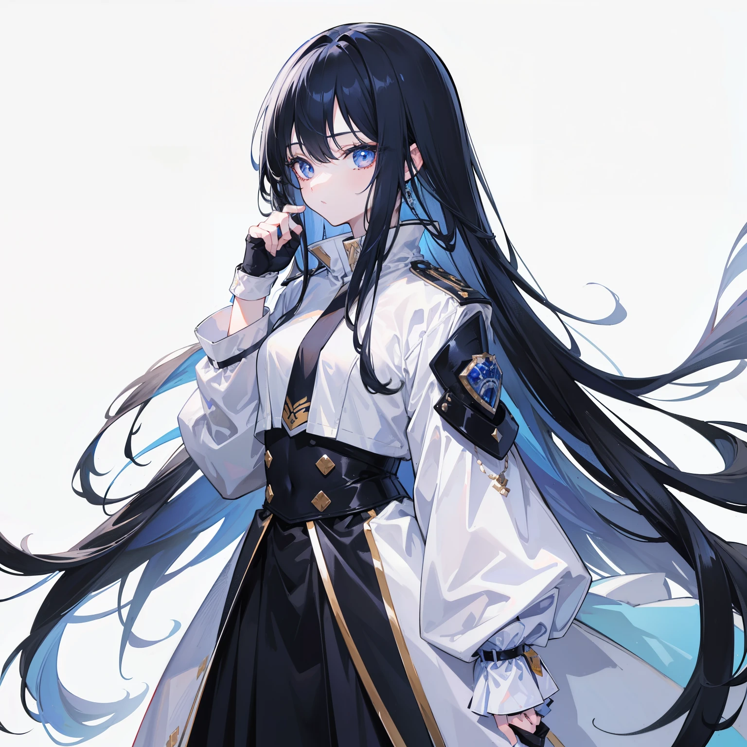 girl,Long Black Hair, The inside of the hair is blue、Iris,White coat,uniform、masterpiece, highest quality, Super detailed, Downcast eyes,Tabletop, highest quality), (Perfect athletic body:1.2),8K High Resolution, Trend Art Station, White Background, Standing in the Wilderness,whole body


