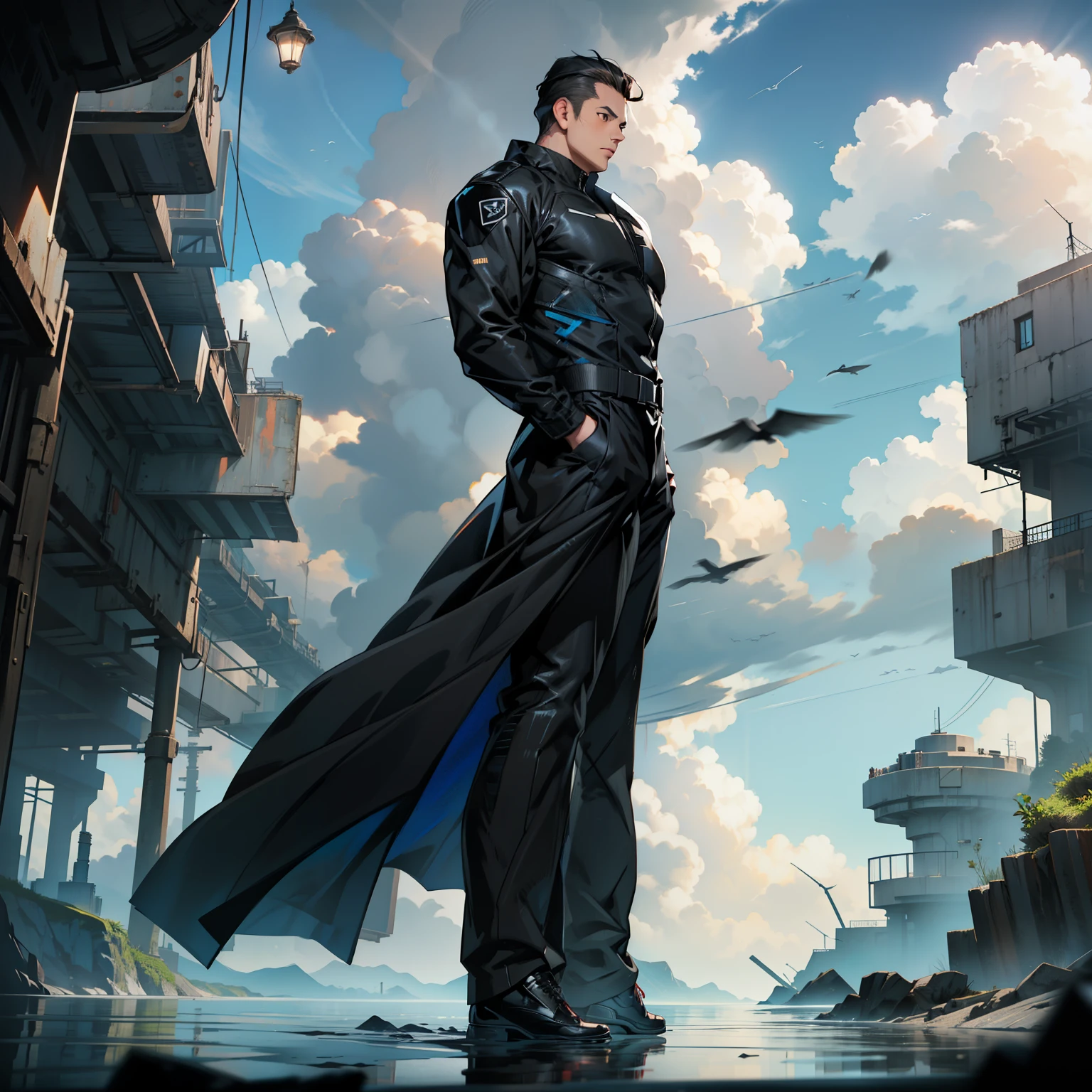 boys 26 Years old, juvenile, Serious face, brown eyes, black hair, brown eyes, hands behinds back, wearing ((black long matrix suits)), black oxfords shoes, levitated on water, ocean, blue sky, cloudy