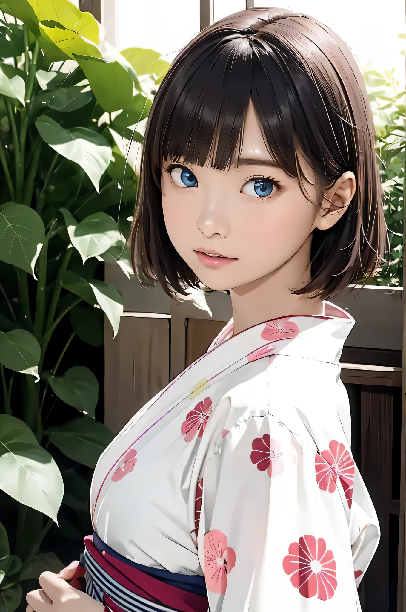 masterpiece、Highest quality、Ultra-fine、32K、Look at the viewer、Look straight ahead、White and pink striped yukata、Fine striped yukata、kimono、Outward facing short hair、Light Brown Hair、46-point diagonal bangs、最high quality、(Real:1.4)、Ultra-high resolution、 (Narrow and beautiful eyes:1.6)、Symmetrical、Highly detailed face、Perfect lighting、(Perfect Anatomy)、(White background:1)、Hot Genic、Best image quality、Characteristics of short hair、high quality、Visual Arts、