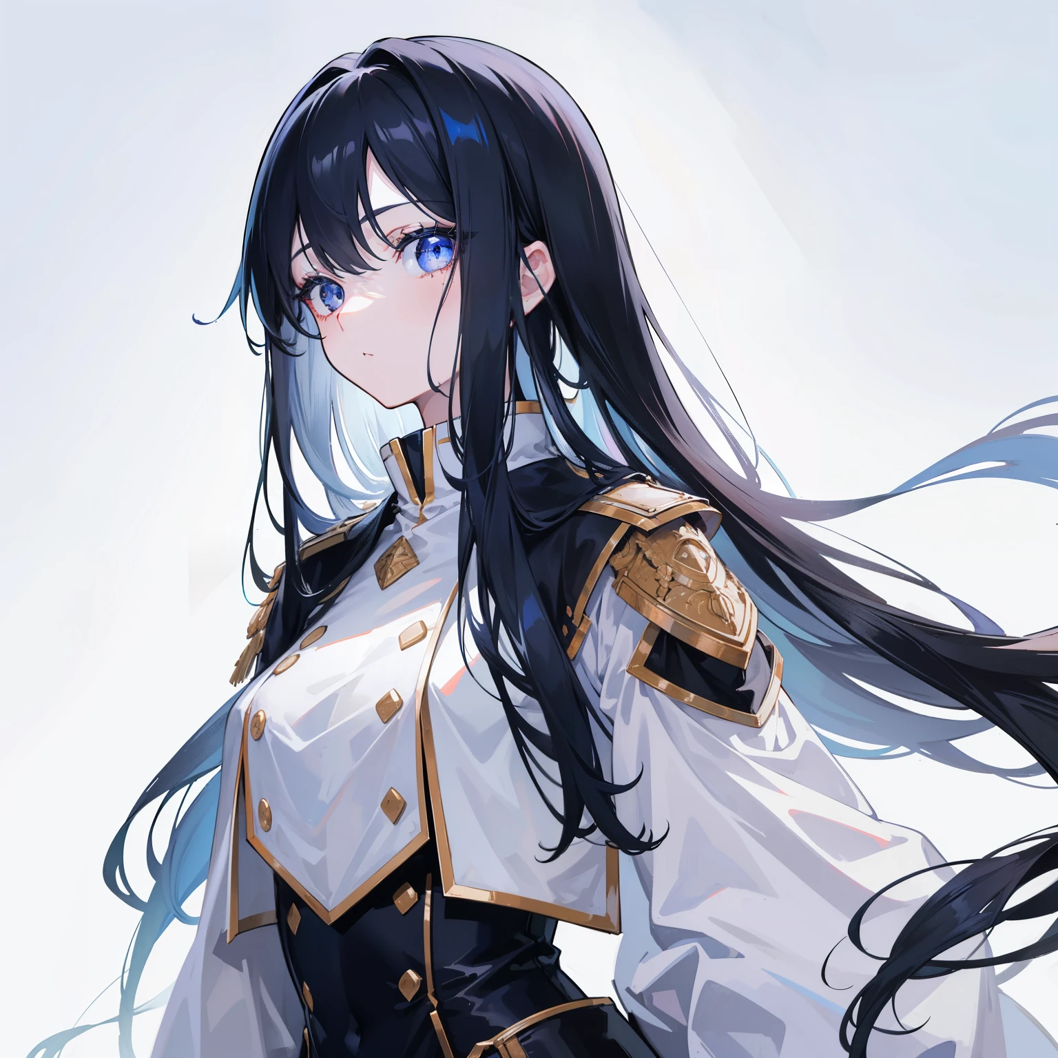 girl,Long Black Hair, The inside of the hair is blue、Iris,White coat,uniform、masterpiece, highest quality, Super detailed, Downcast eyes,Tabletop, highest quality), (Perfect athletic body:1.2),8K High Resolution, Trend Art Station, White Background, Standing in the Wilderness,whole body


