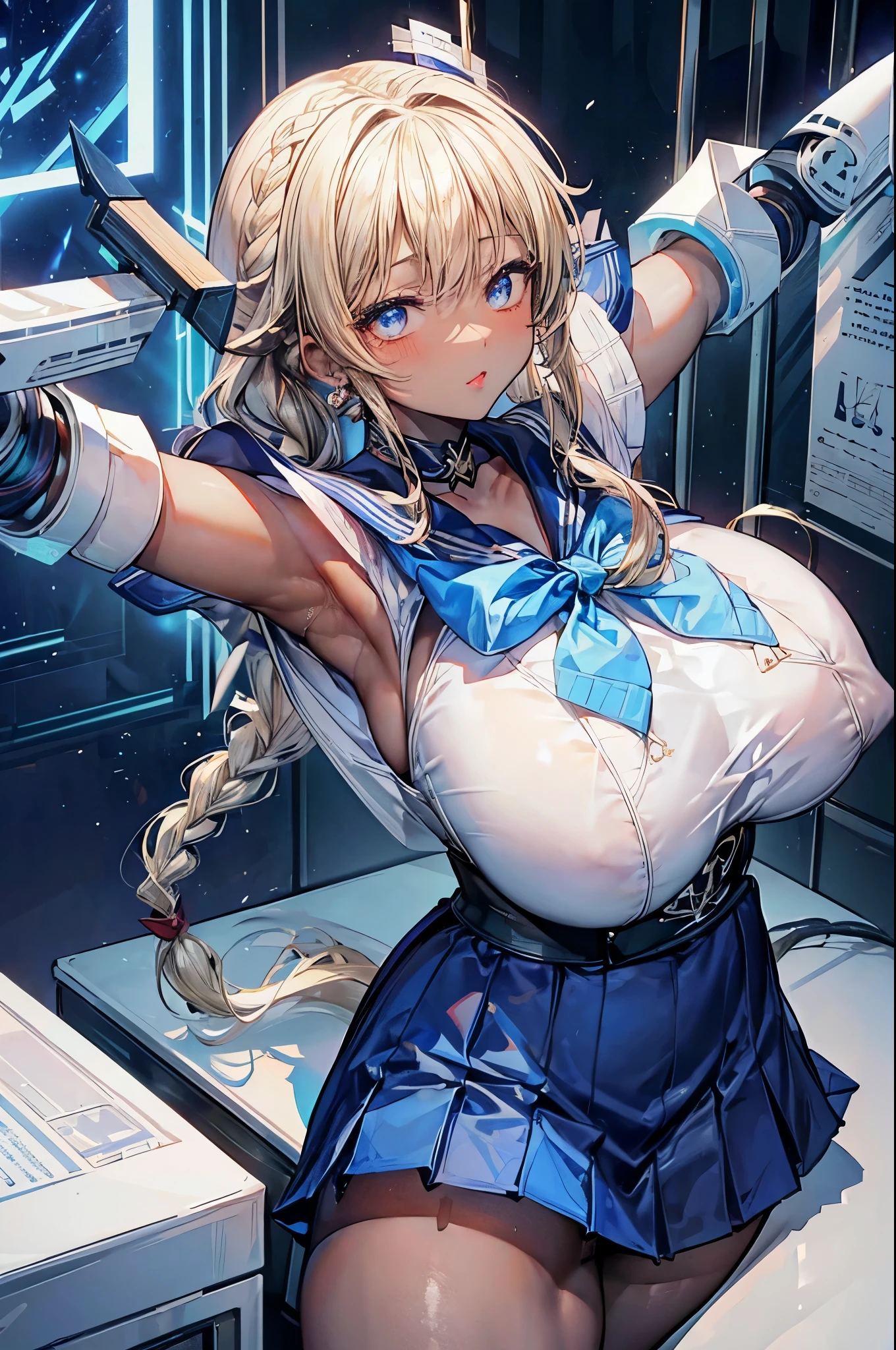 (masterpiece:1.2、highest quality、Tmasterpiece)、1 female、alone、classroom、Day、(Are standing)、whole body、blonde、(Braid:1.2)、blue eyes、(Sailor suit:1.4)、(Dark Skin:1.4)、Big Breasts、Long sleeve、corset、Earrings、lipstick、pantyhose、mini skirt、Very sweaty、choker、blush、Covered breasts、前髪Braid、(Thick lips:1.2)、(Limb restraints:1.4)