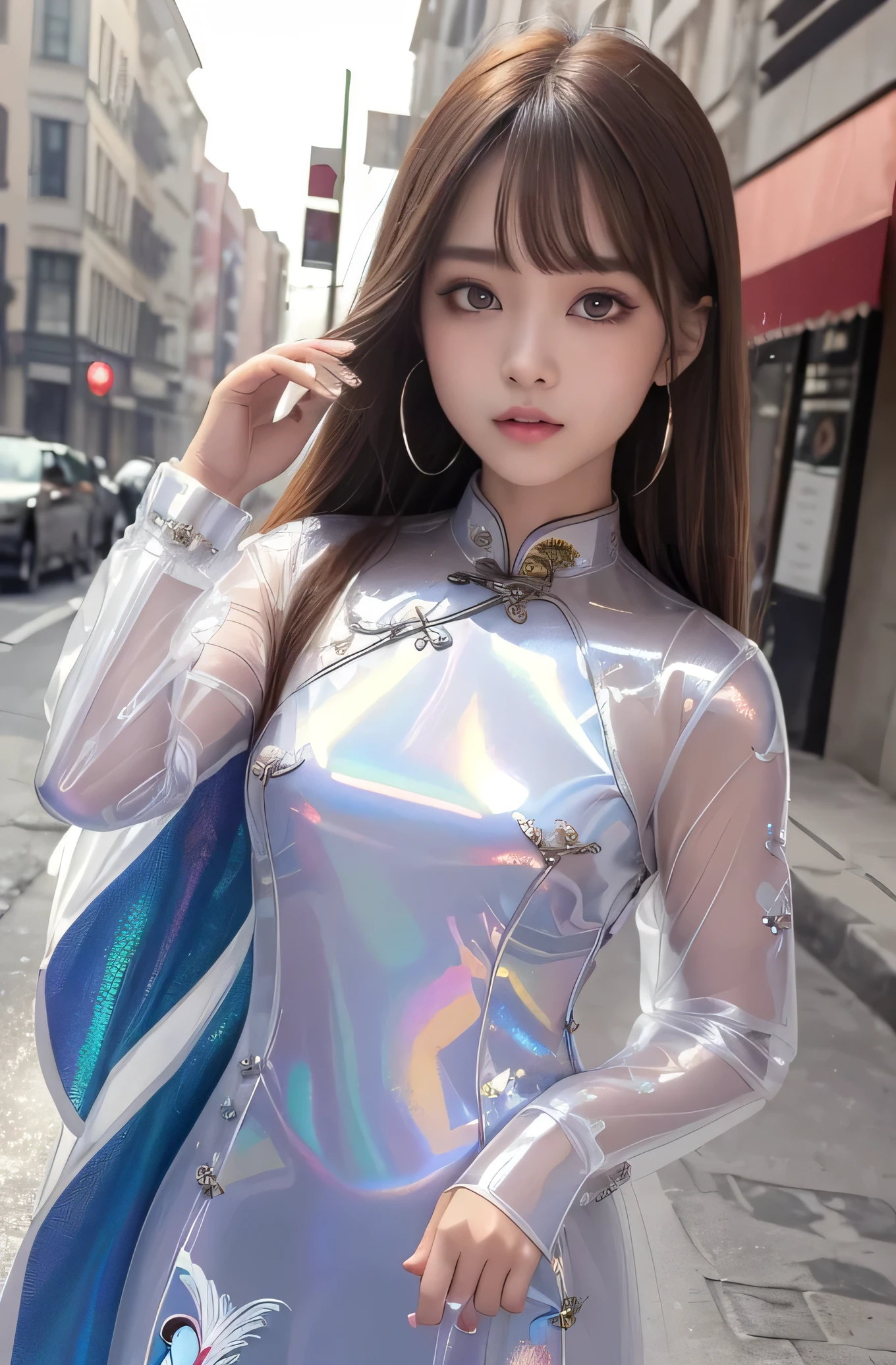 Angelic Very beautiful cute girl,,
Beautiful detailed eyes,
Detailed double eyelids,
(Large eyes:1.4),
Long straight brown hair,
see-through bangs,
Sharp Focus,small straight nose,
beautiful detailed face and eyes,
drooping eyes,
(Soft Saturation: 1.3), (Fair skin: 1.2),BREAK (Super shiny white transparent holographic long sleeves cheongsam:1.3),
Walking,
Brown hair,
(peafowl pattern design cheongsam:1.4) , (costume with strong reflective surfaces:1.5),
Costume lighting,
In the street