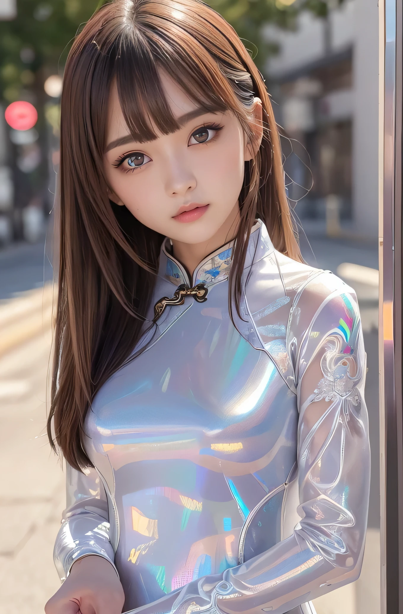 Angelic Very beautiful cute girl,10 yo,
Beautiful detailed eyes, 
Detailed double eyelids,
(Large eyes:1.4),
Long straight brown hair, 
see-through bangs,
Sharp Focus,small straight nose,
beautiful detailed face and eyes, 
drooping eyes,
(Soft Saturation: 1.3), (Fair skin: 1.2),BREAK (Super shiny white transparent holographic long sleeves cheongsam:1.3),
Walking,
Brown hair,
(peafowl pattern design cheongsam:1.4) , (costume with strong reflective surfaces:1.5),
Costume lighting,
In the street