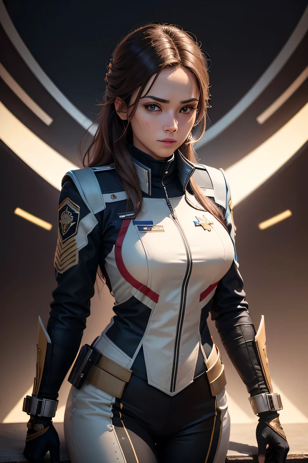 A female commander of a righteous squadron who appears in a special effects TV show Wearing a uniform, UHD, retina, masterpiece, ccurate, anatomically correct, textured skin, super detail, high details, high quality, award winning, best quality, highres