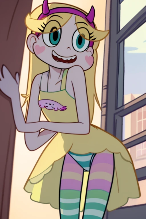 (masterpiece, best quality, high resolution:1.4), 1girl, woman, star butterfly, flat torso, happy, cloud outfit, pouch, horn_hairband, dress, skinny body, cartoon proportion, looking at viewer, pantyhose, upskirt focus view, green striped panties, 