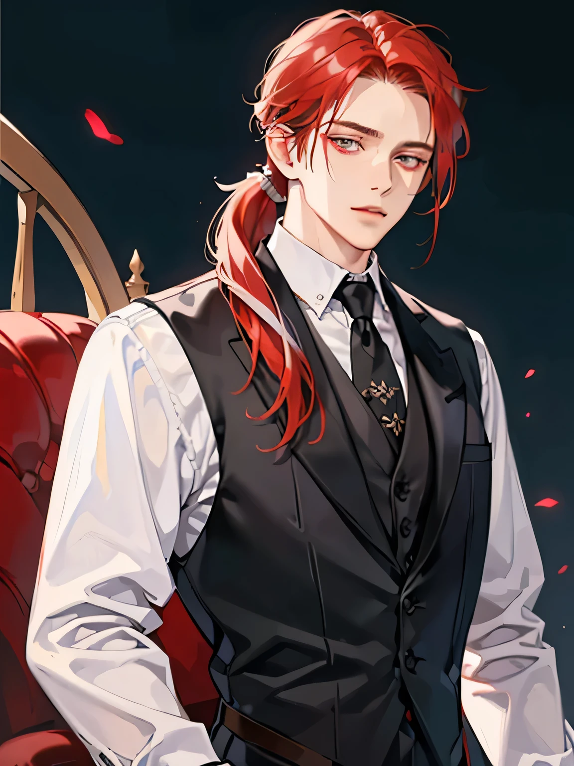 (best quality,HD:1.2), ultra-detailed, realistic:1.37, male above 40, tall, mature, long high pony tail red hair with white highlights, long sharp face, sharp eyes, dark black vest, low exposure, solo, normal expression