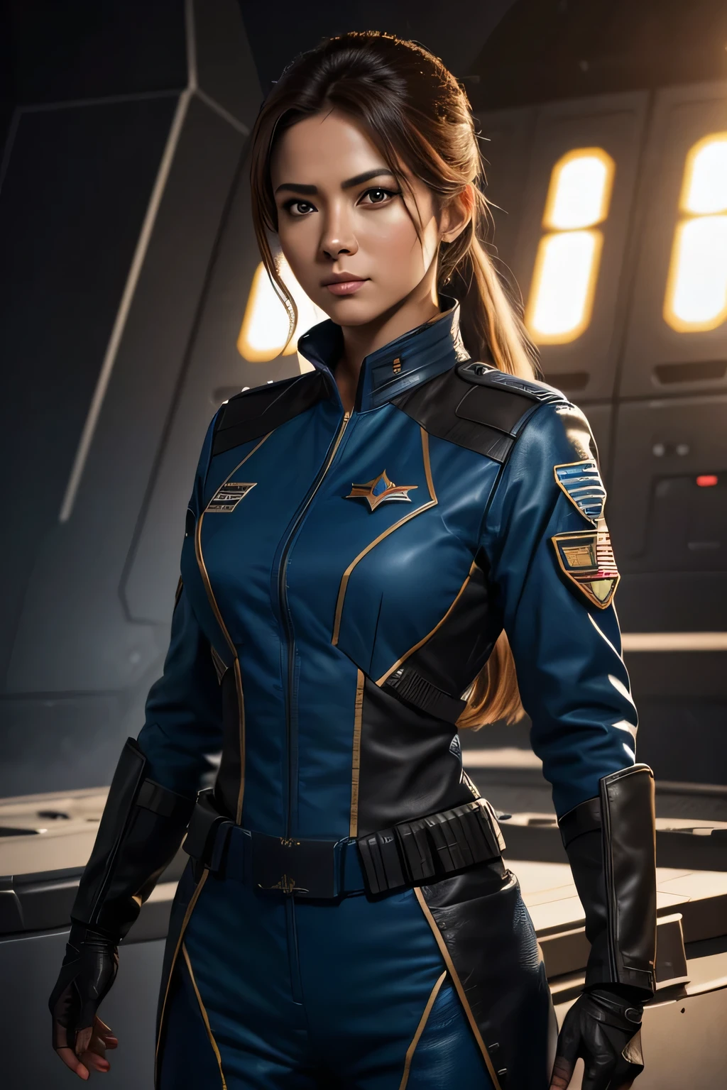 A female commander of a righteous squadron who appears in a special effects TV show Wearing a uniform, UHD, retina, masterpiece, ccurate, anatomically correct, textured skin, super detail, high details, high quality, award winning, best quality, highres