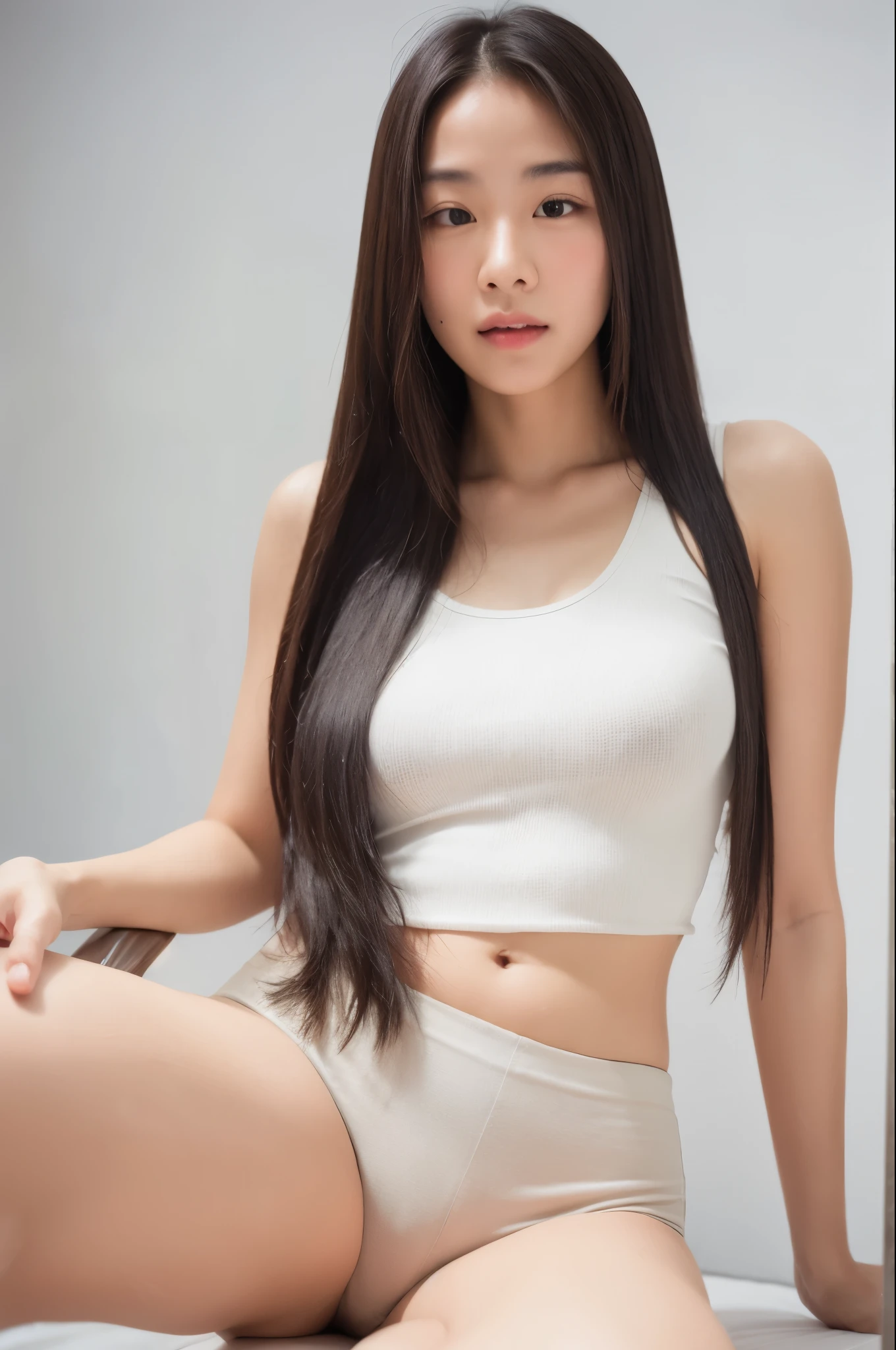 Portrait, A Woman, look at viewer, long hair, tank top, white background