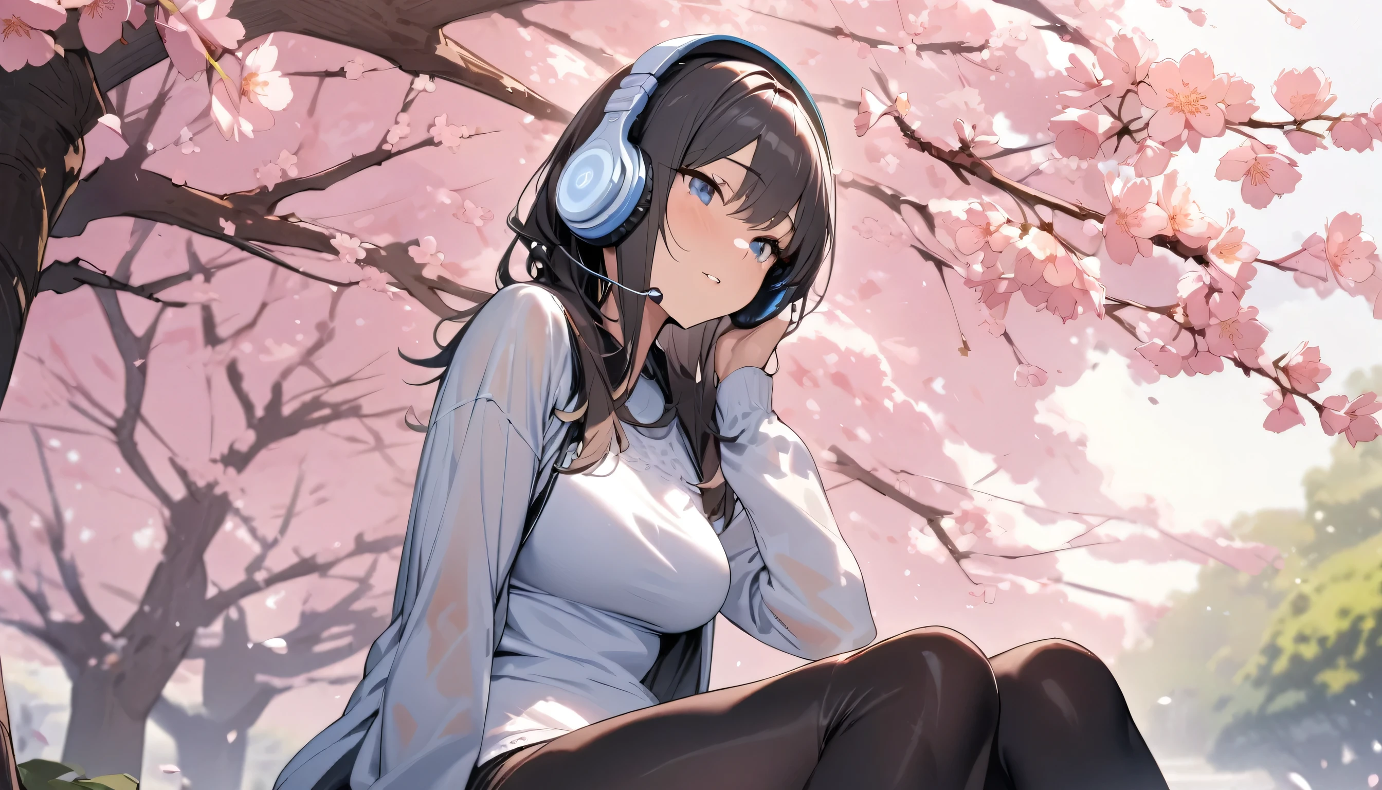 ((best quality)), ((masterpiece)), (detailed), perfect face, sitting under the cherry blossom tree, listening to music, One woman, wearing headphones, wearing underwear, underwear is transparent, Wear tight clothes
