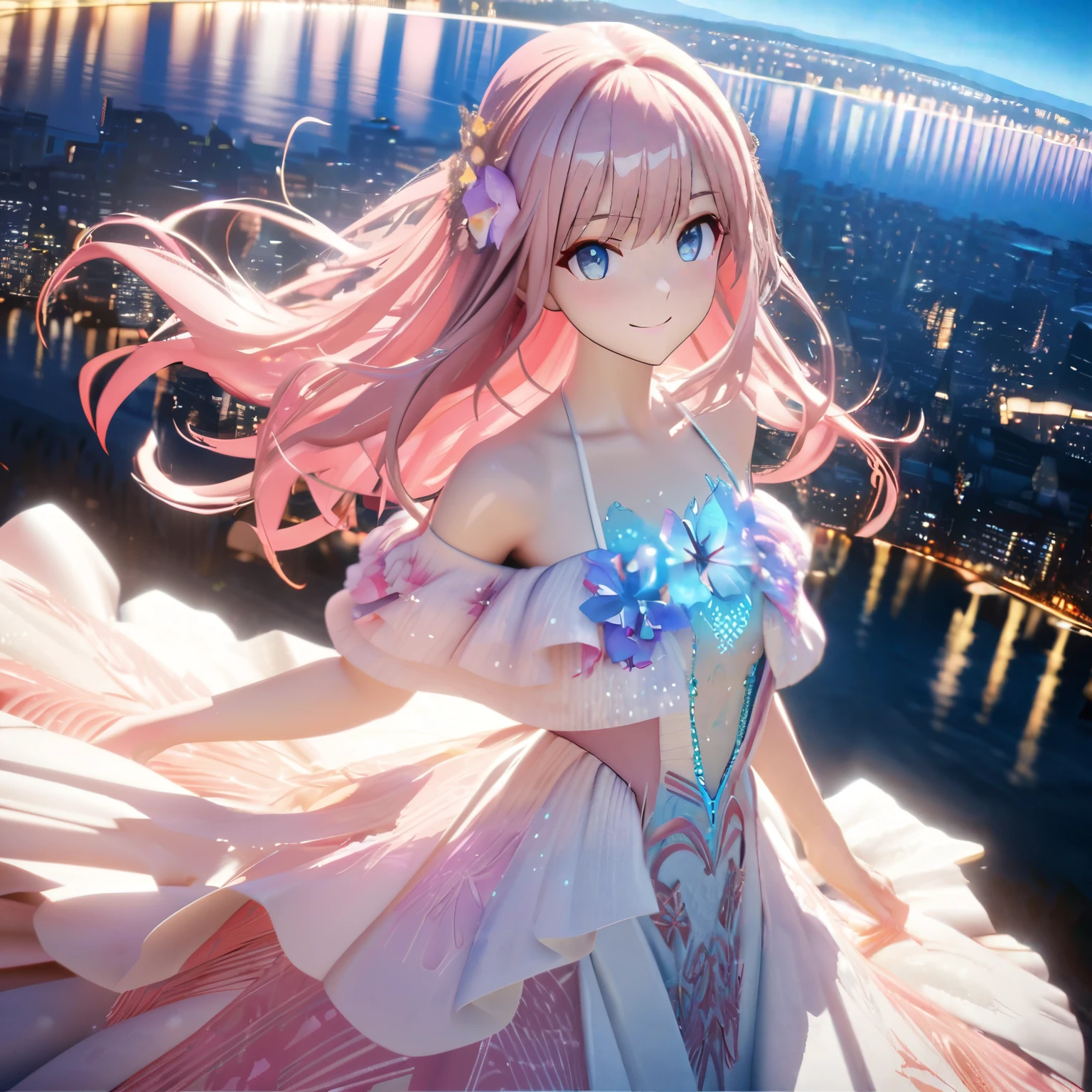 Masterpiece, Best Quality, High Definition, High Resolution, Expensive Resolution, High Definition, 4K, 8k, Unity 8k Wallpaper, High Definition CG, Masterpiece, Real, 2D, 3D, Beautiful Details, Depth, Fine Texture, Super Quality: 1.3 , create an anime-style illustration of a character wearing an elaborate Hawaiian dress decorated with flowers and jewels, with perfect concentration and a bright night beach background. Draw a close-up of the upper body. {{The dress should have multiple layers and a special treatment of ruffles, with gemstones of different colors embedded throughout. }} , The character's pink hair should be long and flowing to complement the intricate design of the dress. The cityscape at night should also be vivid. The streets are lit up in different colors and buzz with lights indicating an active nightlife. Includes light reflections from buildings in the bodies of water in between.With a smile