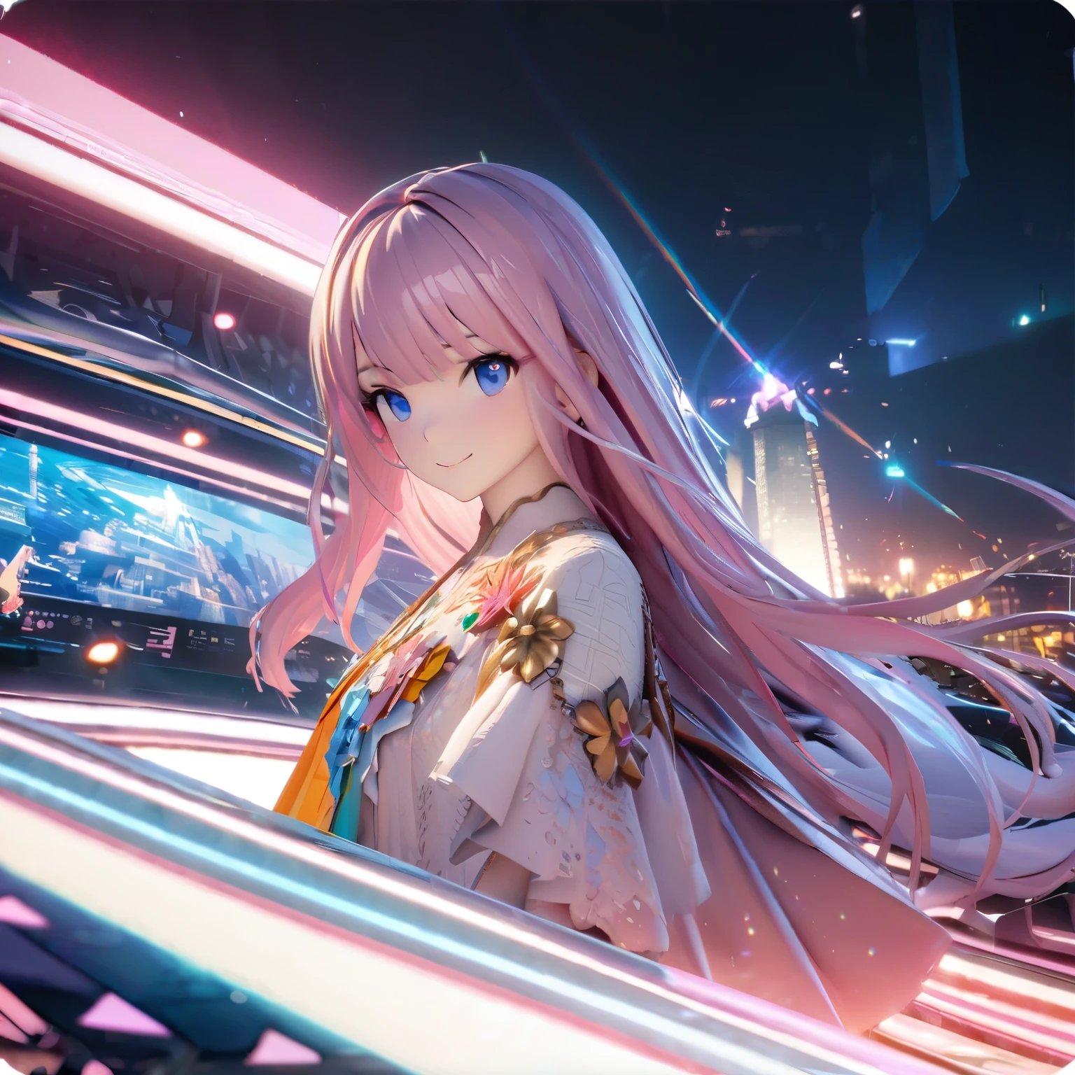 Masterpiece, Best Quality, High Definition, High Resolution, Expensive Resolution, High Definition, 4K, 8k, Unity 8k Wallpaper, High Definition CG, Masterpiece, Real, 2D, 3D, Beautiful Details, Depth, Fine Texture, Super Quality: 1.3 , create an anime-style illustration of a character wearing an elaborate Hawaiian dress decorated with flowers and jewels, with perfect concentration and a bright night beach background. Draw a close-up of the upper body. {{The dress should have multiple layers and a special treatment of ruffles, with gemstones of different colors embedded throughout. }} , The character's pink hair should be long and flowing to complement the intricate design of the dress. The cityscape at night should also be vivid. The streets are lit up in different colors and buzz with lights indicating an active nightlife. Includes light reflections from buildings in the bodies of water in between.With a smile