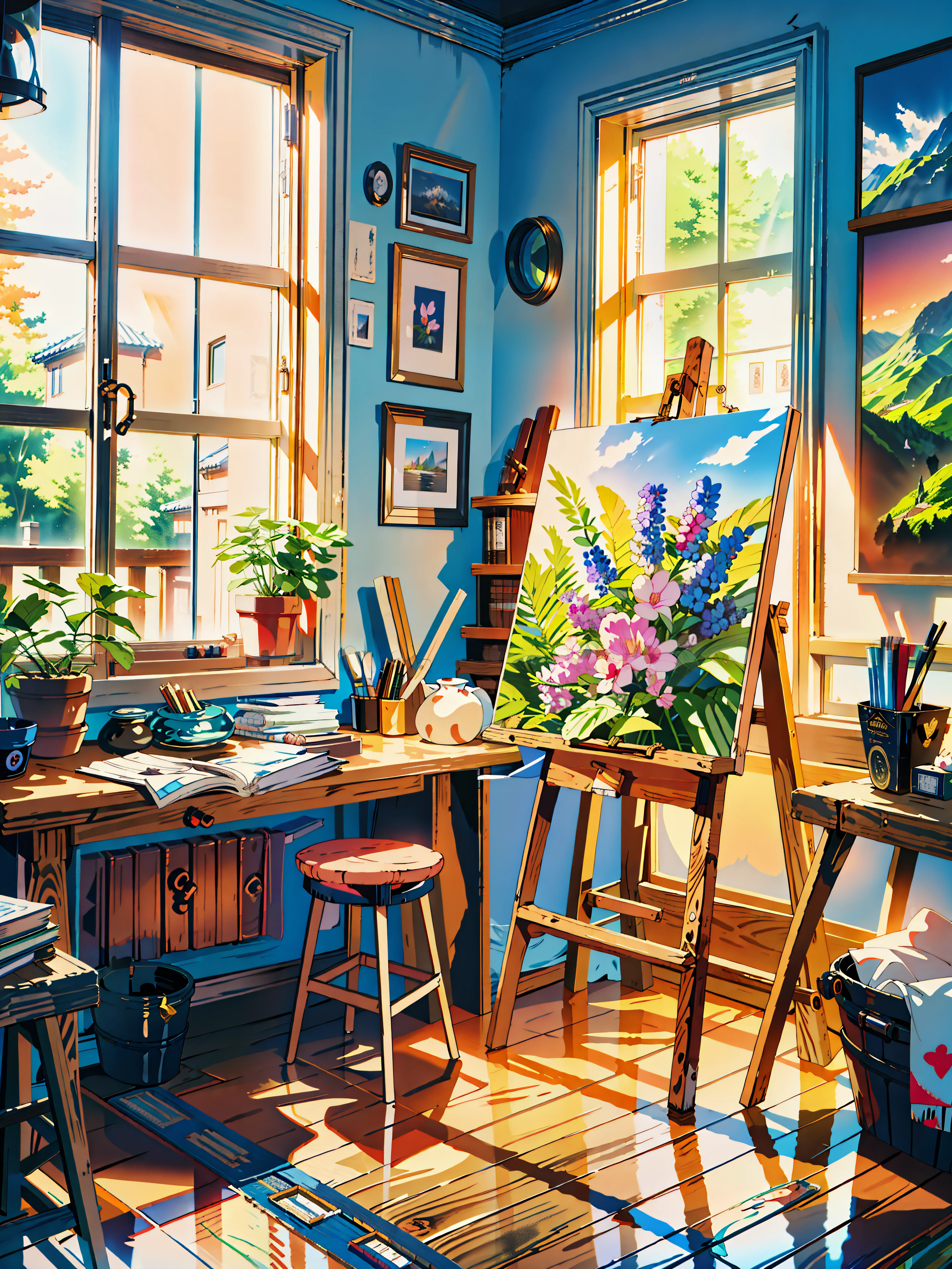 a painting on a easel in front of a window, art station 3 d, 3d 8k hd trending on art station, oil painting 4k, oil painting 4 k, 3 d virtual landscape painting, 4k photograph of painting, hyperrealistic 3d digital art, hyperrealistic 3 d digital art, 8k hd trending on art station, ultrarealistic oil painting, 4k hd, beautiful art uhd 4 k, a beautiful artwork illustration, beautiful digital painting, highly detailed digital painting, beautiful digital artwork, detailed painting 4 k, very detailed digital painting, rich picturesque colors, gorgeous digital painting