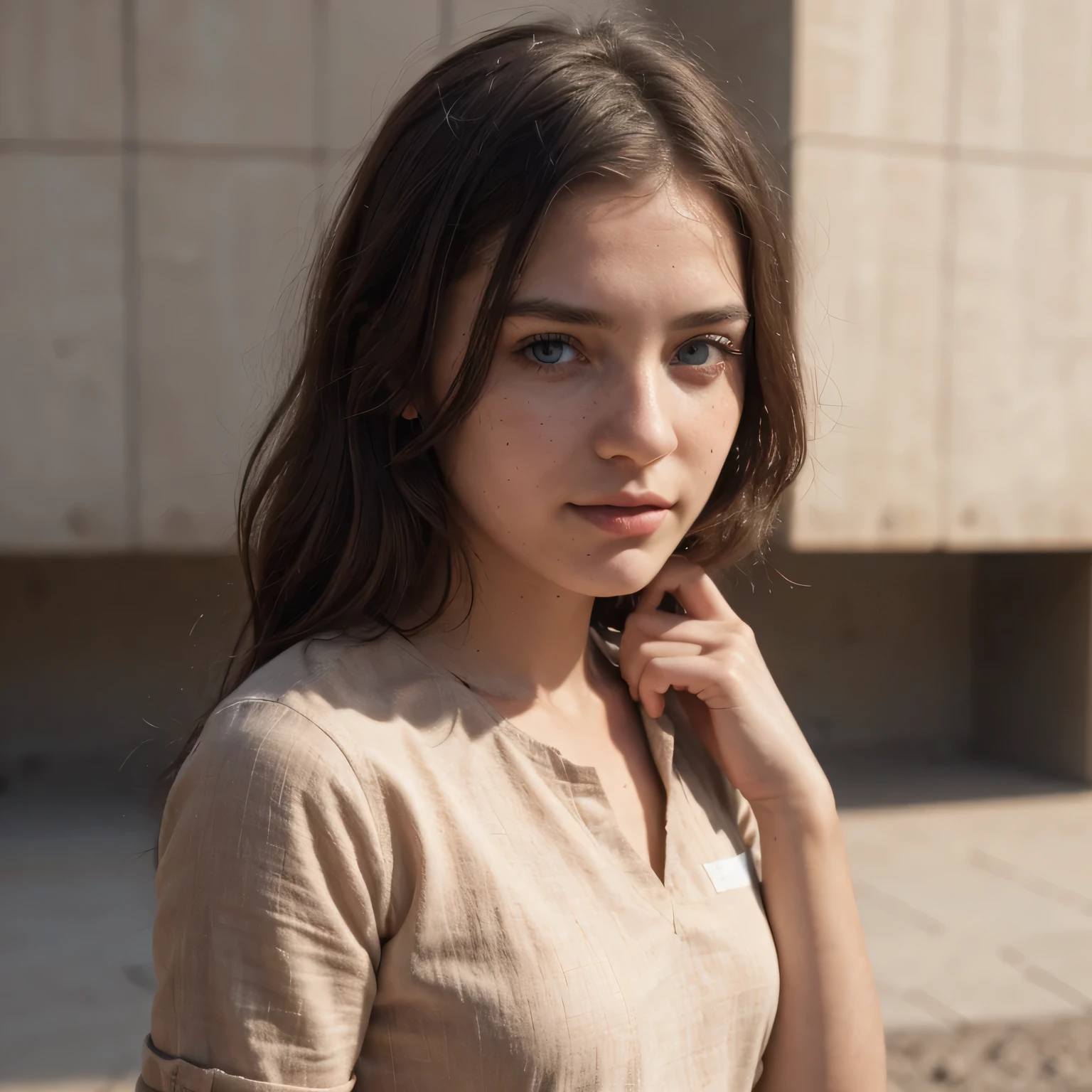 photo of a college student, in Desert Color Coarse Linen Pink,Desert Color Coarse Linen, (freckles:0.8) cute face, sci-fi, dystopian, detailed eyes, Heterochromia eyes((Side view))