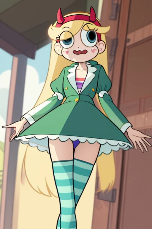 (masterpiece, best quality, high resolution:1.4), 1girl, woman, star butterfly, flat torso, flat chest, happy, cloud outfit, pouch, horn_hairband, dress, skinny body, cartoon proportion, looking at viewer, pantyhose, upskirt focus view, green striped panties, panties close focus, under view, skirt lift