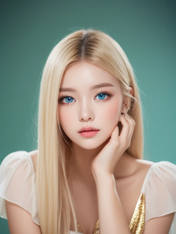 A woman of beauty in a fantastic space, Tight micro dress white and gold color, 98k, {{Masterpiece}}, Best quality, (High quality:1.4), front look, eye contact,Multiple photo poses, very pretty look face, and very pretty eyes, cute images, cute images, A half body, Long legs, slim body, tall woman, 177 cm tal, Solo, Beautiful, Lovely, Adorable, Pale skin, 18 to 22 years old girl, Beautiful girl and blue eyes or green eyes with platinum blonde hair color, High_Heels