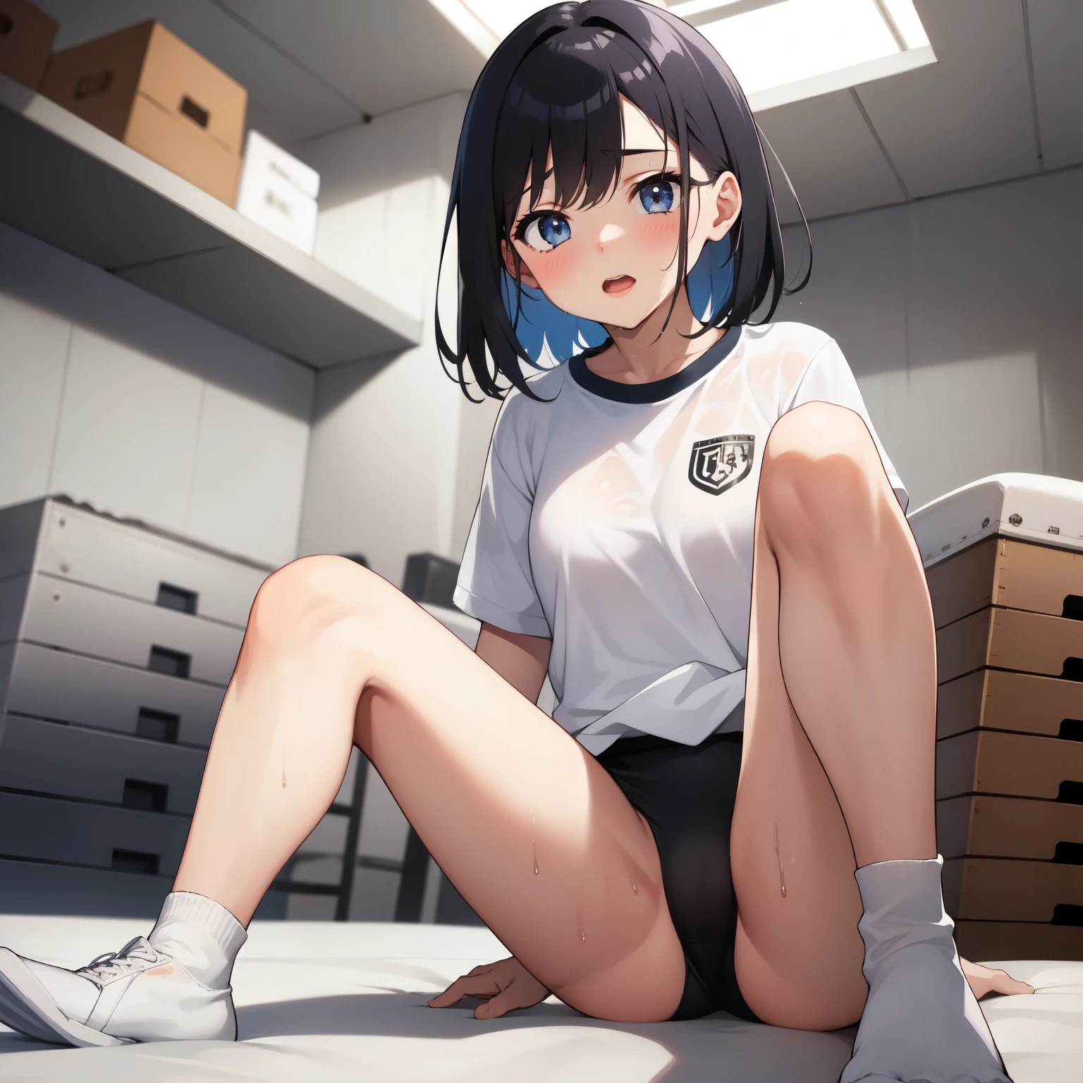 、Spread your legs、 Clenched fist、 good, Wet, よくWet、From below、Small breasts、sit、Embarrassing、Knee Up、gym storeroom