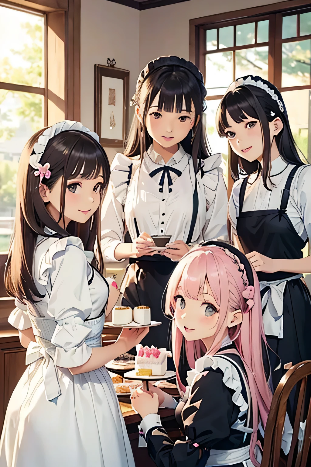 highest quality、High resolution、Detailed Background、(Beautiful face in every detail:1.4)、Anatomically correct、(Draw the usual number of fingers:1.2)、(Detailed facial expressions)、(Detailed eyes:1.2)、(Detailed eyes:1.2)、Beautiful, smooth skin、age beauty、(Three Women)、(Highly detailed face:1.4)、cute hair color、ponytail、Bobcut、Braided long hair、Wavy Hairstyle、well-groomed eyebrows、cute eye makeup、Cute Lip Makeup、Calm atmosphere、Happy expression、smile、Laughter、Sexuressions、Upper Body、Traditional Made、Tea time at the cafe、
(Three maid ladies chatting in a cute cafe while savoring cakes and sweets:1.5)、
Pair a black dress with a white apron、The frills and ribbon design on the apron add a nice accent.、
A soft arrangement with pastel colors will give you a cute impression.、Try choosing colors like pink and mint green.、
Lace and chiffon materials add a feminine and delicate touch.、Sleeves and aprons made with lace and chiffon、Try incorporating it into your design、
Ribbons and head accessories can add cuteness and accents.、Try adding ribbons to your dress or apron, or matching it with a headband or ribbon hair accessory.、Consider the appropriate accessories and shoes depending on the occasion and event you will be wearing the outfit.、cute