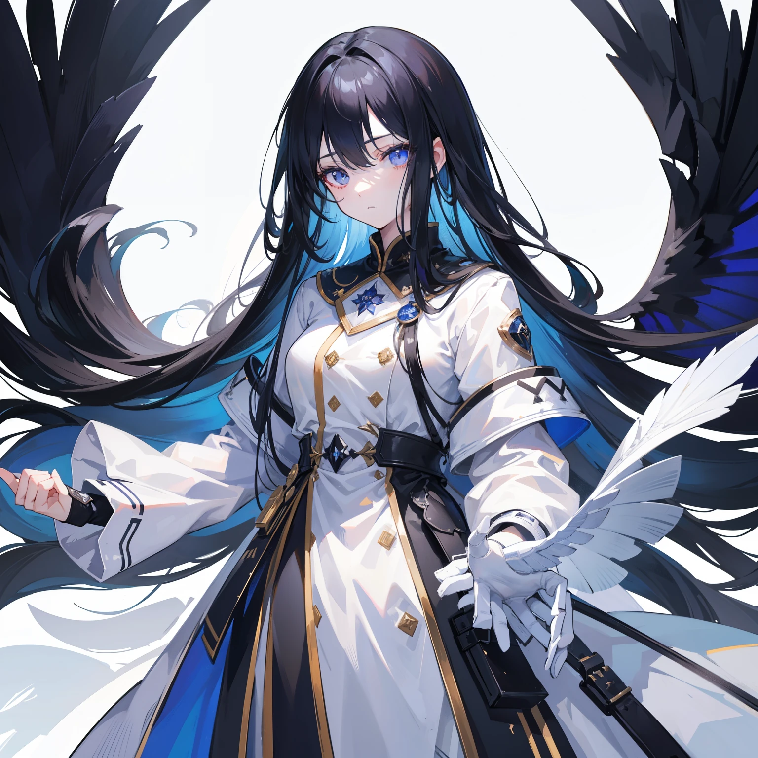 girl,Long Black Hair, The inside of the hair is blue、Iris,White coat,uniform、masterpiece, highest quality, Super detailed, Downcast eyes,Tabletop, highest quality), (Perfect athletic body:1.2),8K High Resolution, Trend Art Station, White Background, Standing in the Wilderness,whole body,Crow-shaped gauntlets