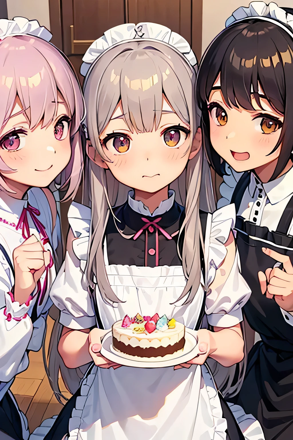 highest quality、High resolution、Detailed Background、(Beautiful face in every detail:1.4)、Anatomically correct、(Draw the usual number of fingers:1.2)、(Detailed facial expressions)、(Detailed eyes:1.2)、(Detailed eyes:1.2)、Beautiful, smooth skin、age beauty、(Three Women)、(Highly detailed face:1.4)、cute hair color、ponytail、Bobcut、Braided long hair、Wavy Hairstyle、well-groomed eyebrows、cute eye makeup、Cute Lip Makeup、Calm atmosphere、Happy expression、smile、Laughter、Sexual expressions、Upper Body、Traditional Made、Tea time at the cafe、
(Three maid ladies chatting in a cute cafe while savoring cakes and sweets:1.5)、
Pair a black dress with a white apron、The frills and ribbon design on the apron add a nice accent.、
A soft arrangement with pastel colors will give you a cute impression.、Try choosing colors like pink and mint green.、
Lace and chiffon materials add a feminine and delicate touch.、Sleeves and aprons made with lace and chiffon、Try incorporating it into your design、
Ribbons and head accessories can add cuteness and accents.、Try adding ribbons to your dress or apron, or matching it with a headband or ribbon hair accessory.、Consider the appropriate accessories and shoes depending on the occasion and event you will be wearing the outfit.、cute