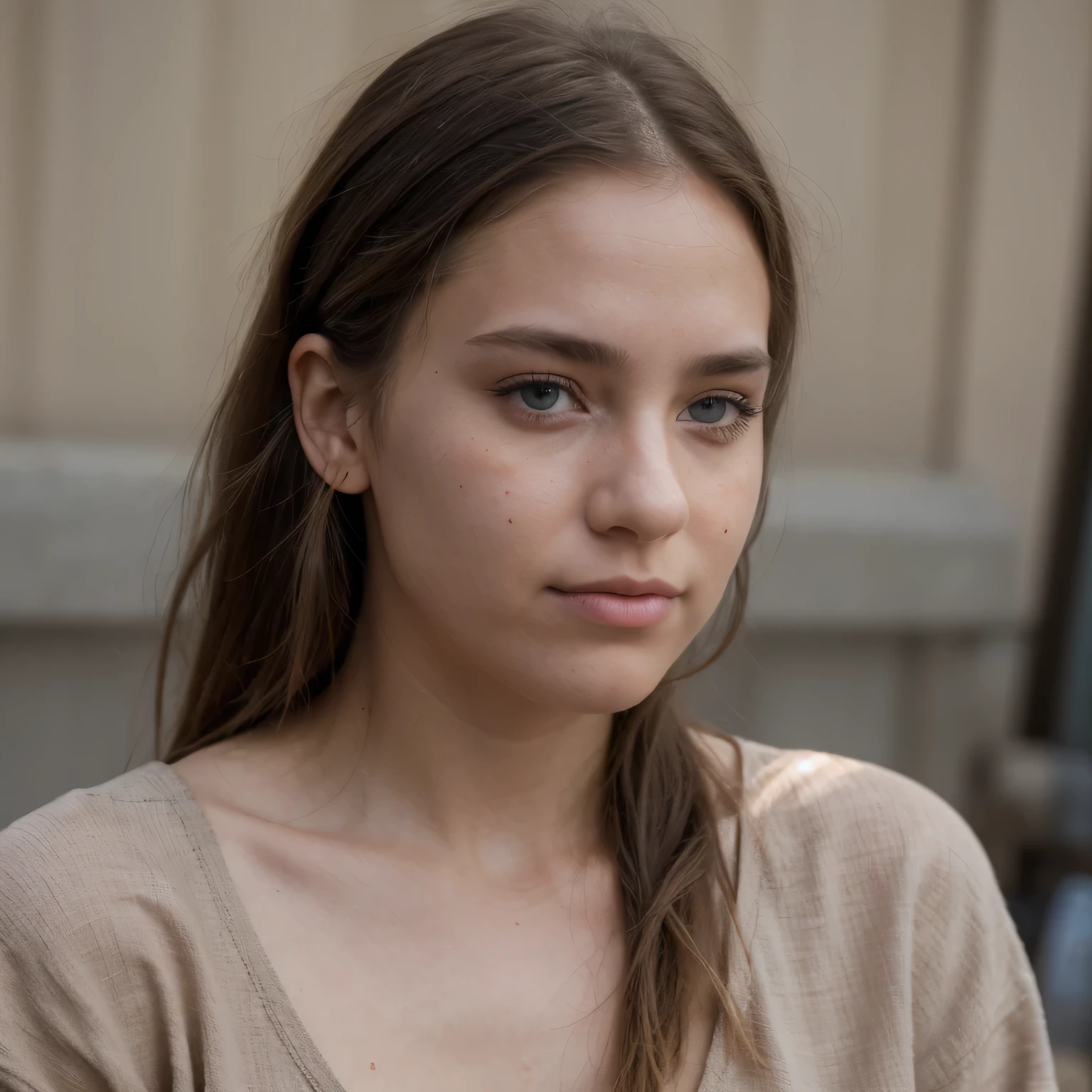photo of a college student, in Desert Color Coarse Linen Pink,Desert Color Coarse Linen, (freckles:0.8) cute face, sci-fi, dystopian, detailed eyes, Heterochromia eyes((Side view))