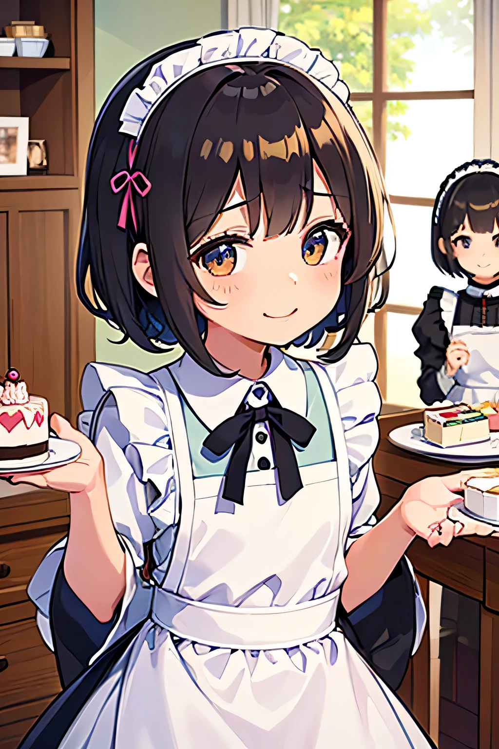 highest quality、High resolution、Detailed Background、(Beautiful face in every detail:1.4)、Anatomically correct、(Draw the usual number of fingers:1.2)、(Detailed facial expressions)、(Detailed eyes:1.2)、(Detailed eyes:1.2)、Beautiful, smooth skin、age beauty、(Three Women)、(Highly detailed face:1.4)、cute hair color、ponytail、Bobcut、Braided long hair、Wavy Hairstyle、well-groomed eyebrows、cute eye makeup、Cute Lip Makeup、Calm atmosphere、Happy expression、smile、Laughter、Sexual expressions、Upper Body、Traditional Made、Tea time at the cafe、

(Three maid ladies chatting in a cute cafe while savoring cakes and sweets:1.5)、

Pair a black dress with a white apron、The frills and ribbon design on the apron add a nice accent.、
A soft arrangement with pastel colors will give you a cute impression.、Try choosing colors like pink and mint green.、
Lace and chiffon materials add a feminine and delicate touch.、Sleeves and aprons made with lace and chiffon、Try incorporating it into your design、
Ribbons and head accessories can add cuteness and accents.、Try adding ribbons to your dress or apron, or matching it with a headband or ribbon hair accessory.、Consider the appropriate accessories and shoes depending on the occasion and event you will be wearing the outfit.、cute