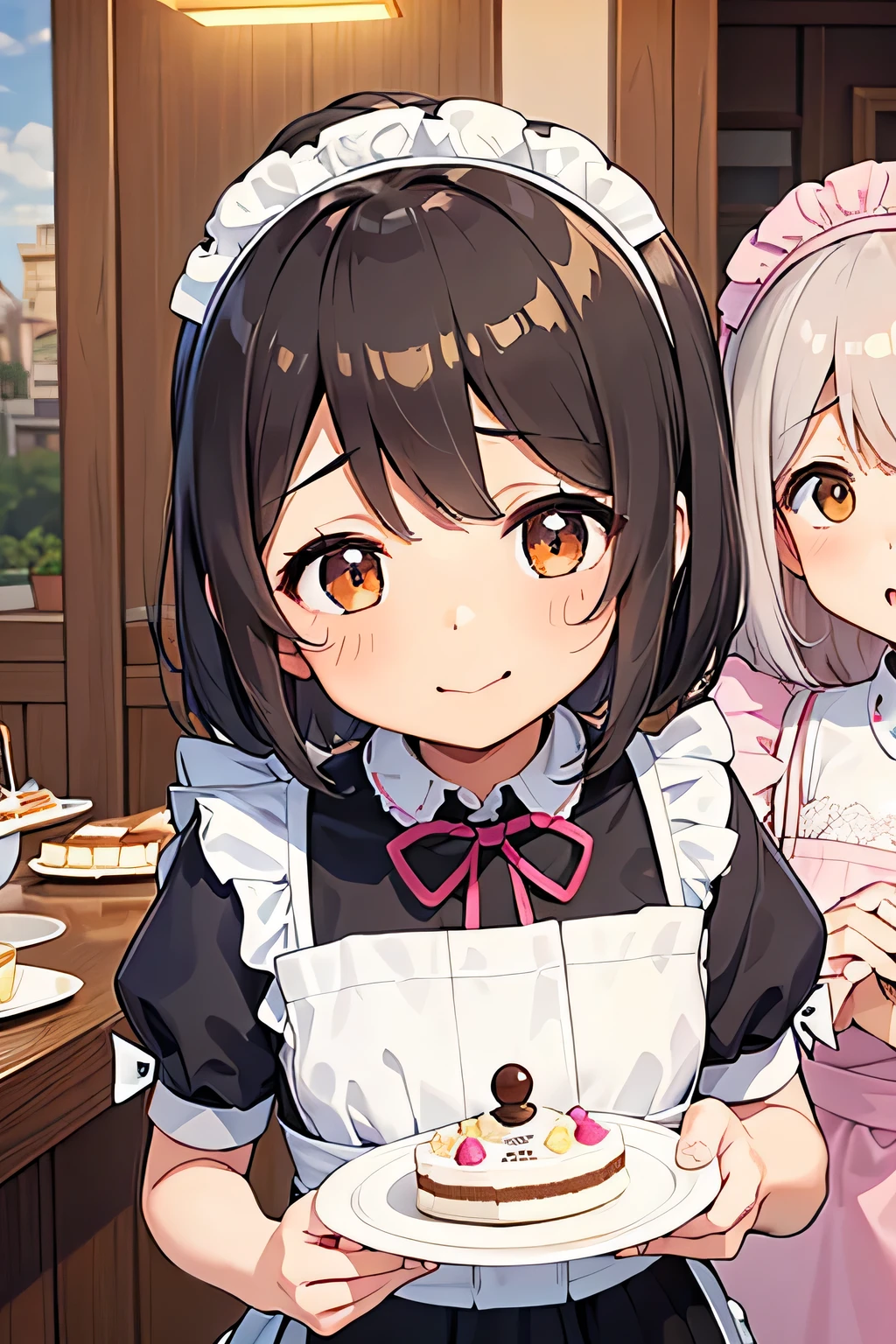 highest quality、High resolution、Detailed Background、(Beautiful face in every detail:1.4)、Anatomically correct、(Draw the usual number of fingers:1.2)、(Detailed facial expressions)、(Detailed eyes:1.2)、(Detailed eyes:1.2)、Beautiful, smooth skin、Teenage beauty、(Three Women)、(Highly detailed face:1.4)、cute hair color、ponytail、Bobcut、Braided long hair、Wavy Hairstyle、well-groomed eyebrows、cute eye makeup、Cute Lip Makeup、Calm atmosphere、Happy expression、smile、Laughter、Sexual expressions、Upper Body、Traditional Made、Tea time at the cafe、
(Three maid ladies chatting in a cute cafe while savoring cakes and sweets:1.5)、
Pair a black dress with a white apron、The frills and ribbon design on the apron add a nice accent.、
A soft arrangement with pastel colors will give you a cute impression.、Try choosing colors like pink and mint green.、
Lace and chiffon materials add a feminine and delicate touch.、Sleeves and aprons made with lace and chiffon、Try incorporating it into your design、
Ribbons and head accessories can add cuteness and accents.、Try adding ribbons to your dress or apron, or matching it with a headband or ribbon hair accessory.、Consider the appropriate accessories and shoes depending on the occasion and event you will be wearing the outfit.、cute