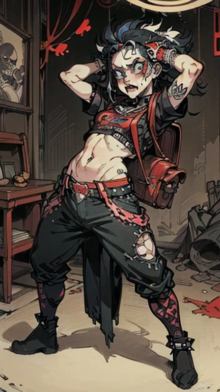 ((18-year-old punk girl,Unusual punk hair:1.3)),((Red and black punk fashion:1.5)),(Skeleton Brooch)Studded clothing、((punk rock patch))、((Black backpack on the back))、(Light black and blue hair:1.5),Wacky makeup、whole body, (masterpiece), (High resolution), (Very delicate), scribble, nightmare, Doll-like face, Manga Style, rough sketch, Horror elements, Manga Styleイラスト, Japanese painting, phantom, (spooky), Japan sculpture, crazy illustration, antique, Dark atmosphere, Flat Illustration,spookyな外観, Distinctive messy hairstyle, creative accessories, Unique atmosphere