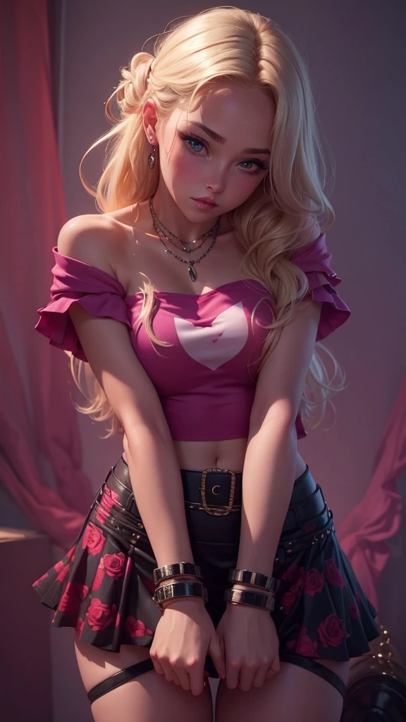 Beautiful girl , slim fit body , blonde hair , strapless crop top, mini skirt , rose lips , blushed cheeks