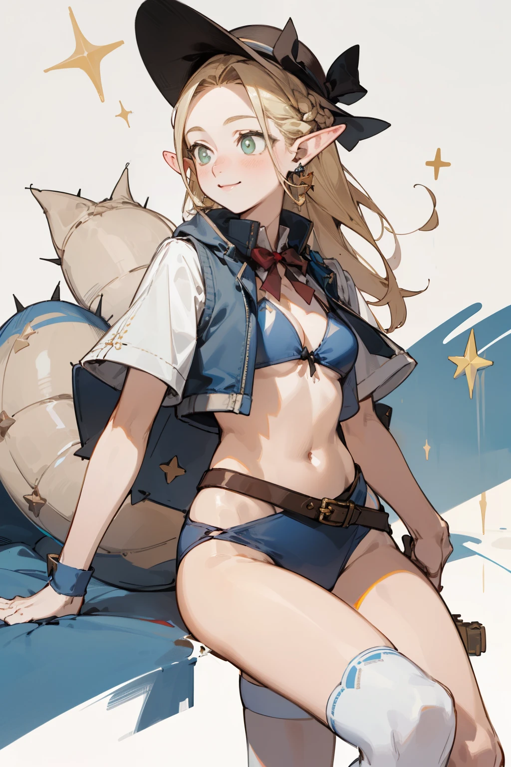 A bikini、girl in a hat，(masterpiece, best quality) detailed,silver accessories , Blonde ,elegant, Pointed ears ，White shirt，Double tail，Waist-length hair，Smile，Star decoration，White lace socks，thorns，Rose，Vest line