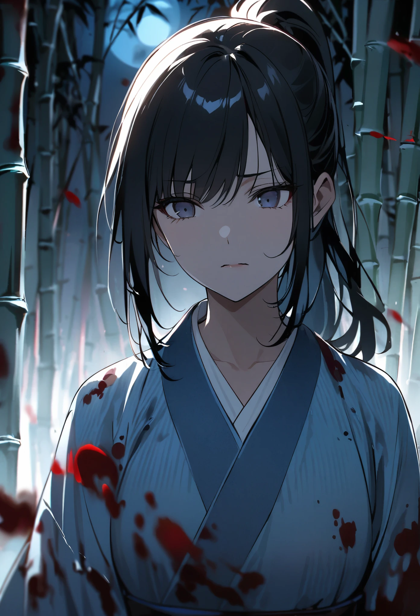 samurai、ponytail、Black Hair、Dark Eyes、Calm face、cool、moonlight、full moon、Blue kimono、Bamboo grove、One Woman、Glowing Eyes、Cold eye light、Cold-hearted、cruel、Blood splatter、Blood flutters