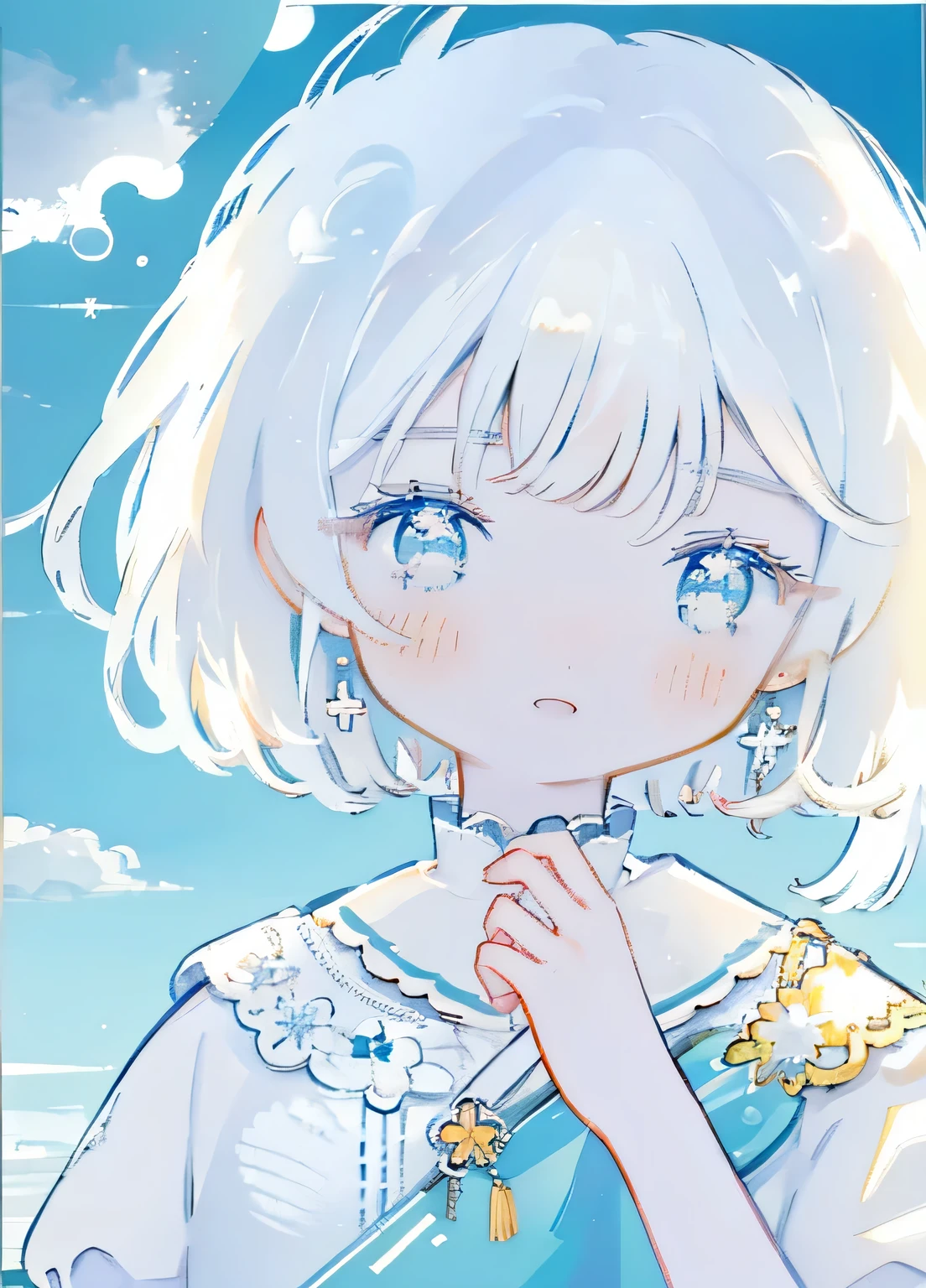 shouhui, 1 Girl, ..., Bangs, Bare shoulders, blue Sky, blush, Weaving, Circle, Close your eyes, Shut up, cloud, cloudy Sky, For the audience, flower, full moon, hair flower, Hair accessories, jewelry, Long hair, moon, own hands, Sky, sleeveless, Smile, Solitary, sun, Tears, Upper Body, white flower, white hair, Short sleeve, Puff sleeves, blunt Bangs, puffy Short sleeve, transparent, Raise your hand, Short top, limited color palette, transparent sleeves, Color guide