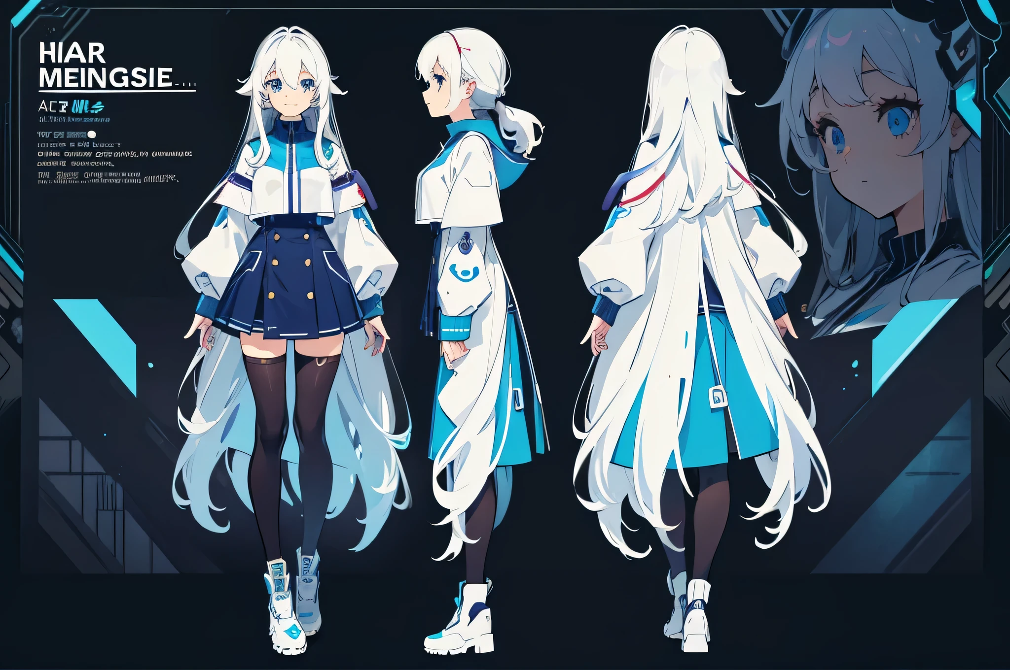 (masterpiece:1.2, best quality), 1woman, cute face, big eyes, round cubby cute face, smile, long legs, full body, adult mature female (long wavy white hair, (white-blue mullet 1.1)), (very long hair), blue eyes, (blue pupil,) gamer, light blue-purple sweater, headphone, girl style ((masterpiece)), (((best quality))), (character design sheet, same character full body, front, side, back), Illustration, hair color, bangs, hair fax, eyes, environment change, pose kota, female, game design character sheet for 2d game, full body, model sheet turnaround, full color, two thirds wiew, front::4 view and back view, high resolution, 8k, 4k, high quality