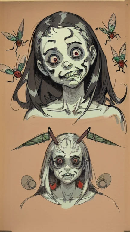 (,(masterpiece), (High resolution), (Very delicate), (masterpiece: 1.2, highest quality), scribble, nightmare, Doll-like face, Manga Style, rough sketch, Manga Styleイラスト, Japanese painting, whole body,(snap shot), Flat Illustration, Creepy Appearance, Unique atmosphere、A man surrounded by insects、Grotesque background、