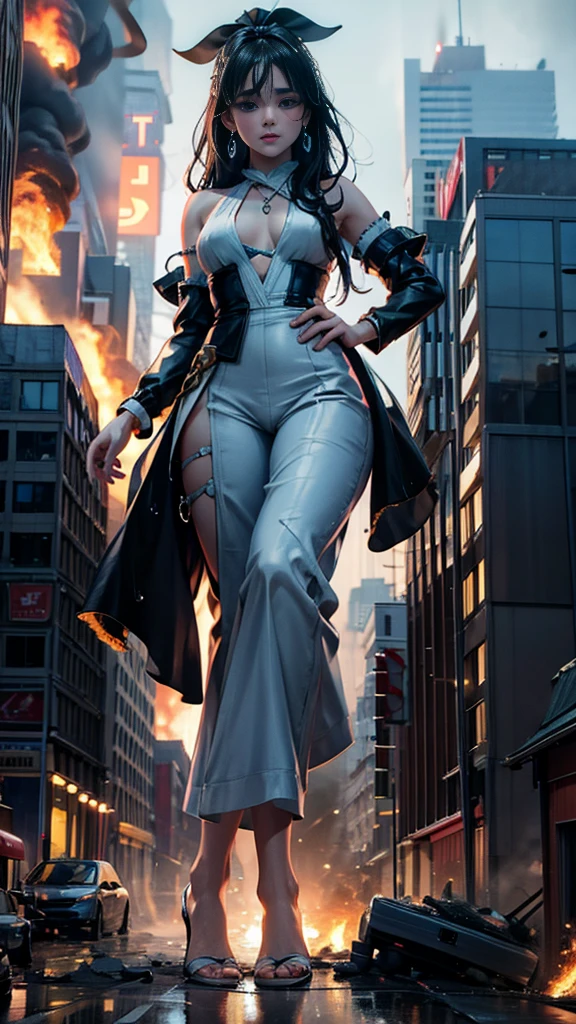(16k, High resolution, highest quality, masterpiece, 超High resolution), ((Giantess Elements, Typhoon heavy rain)), From below, Perfect dynamic composition:1.2, (Modern city at night, Expressions of sadness:0.7), Highly detailed skin and facial textures:1.2, (Towering Giant Young Woman:1.0, Higher than skyscrapers:1.0, 50,000 feet tall:1.0, Incredibly slim body:1.0), Fair skin, Sexy beauty, Very beautiful face, , Water droplets on the skin, (The rain drips down on my body:0.5, Wet body:0.5, Wet Hair:0.5), (Wet white wide leg jumpsuit:1.0), Shapely breasts, Chest gap, Big eyes that exude beautiful eroticism, Lips that exude beautiful eroticism, necklace, Earrings, bracelet, wedding ring, Shoulder bag, clock, ribbon, Full body portrait, ((Destroy a small city, Burning Small City, rubble, Destroyed small building, Collapsed highway, Evacuated Residents)), (Major impact, Emphasizing the majesty and power of giants, Increase the destructive element, Lower the building, Making cities smaller)