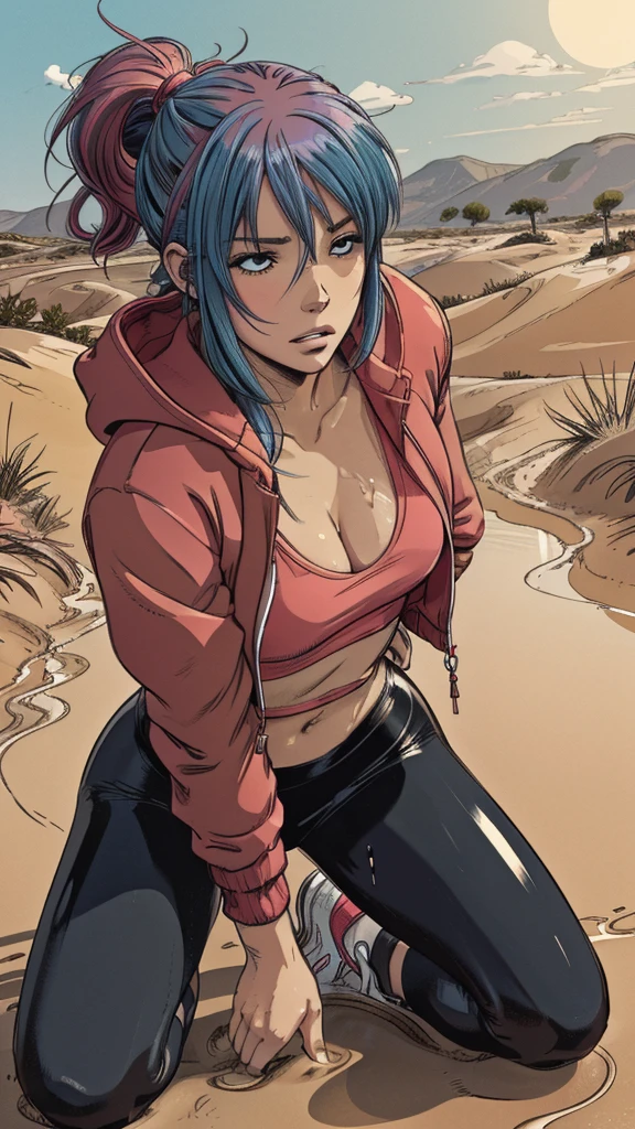 (best quality, highres), (vector image), (close-up), (anime), ( girl), (colored hair), (gloomy orgasm), (blush), (sporty leggings), (sporty top), (near quicksand bog), (red), (blue), (sneakers), warm parka